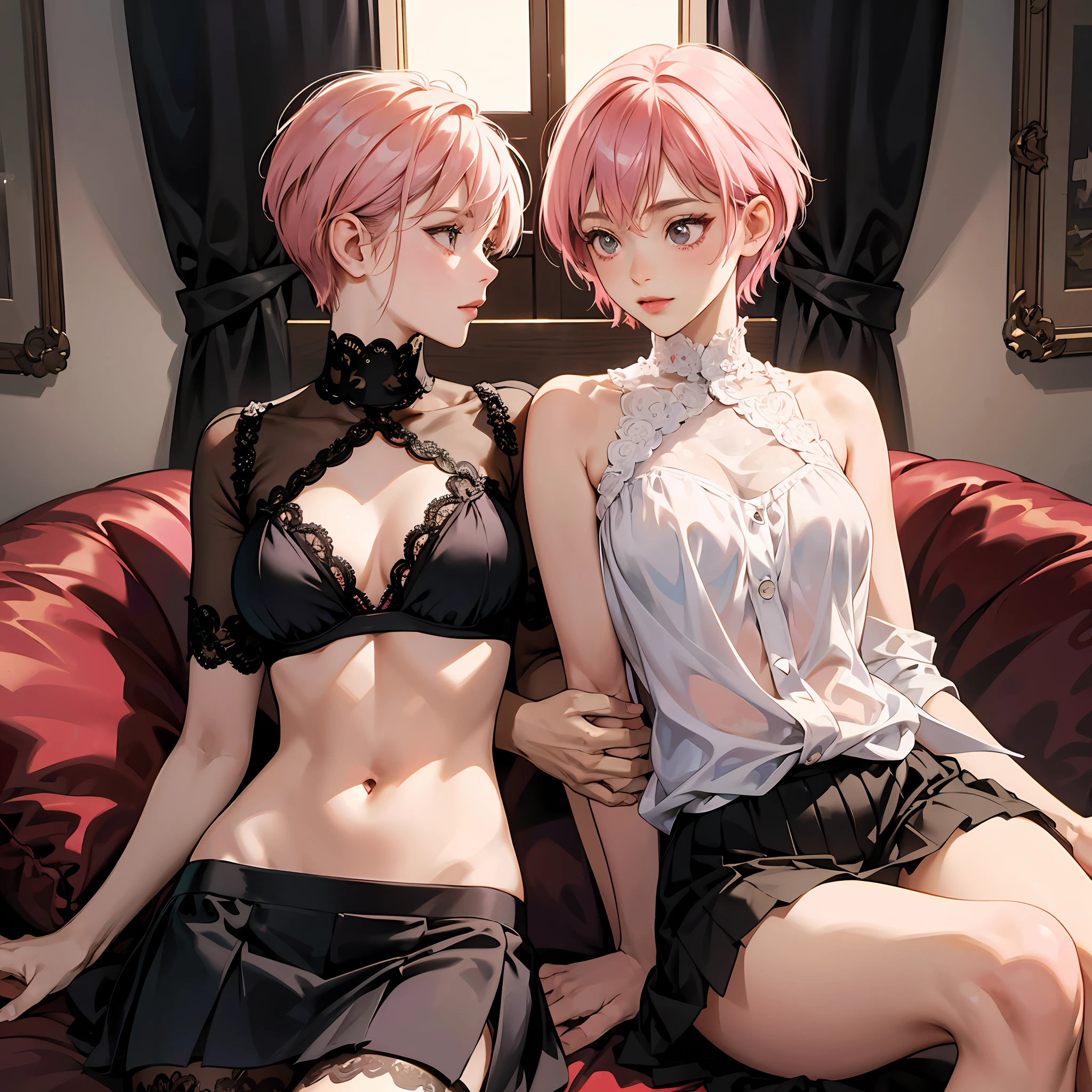 Support women,pink short hair,Department of Landmines,bared chest(underboobs:1.5),(Black sheer lace miniskirt:1.5) --auto