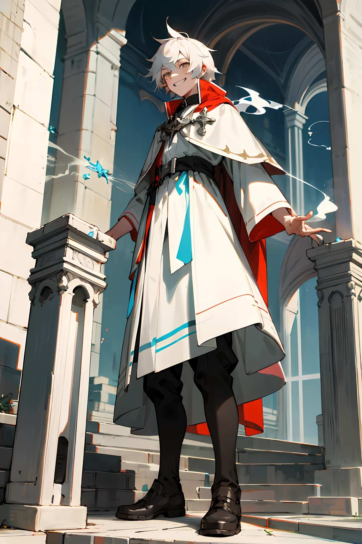 Homem, 1boy, alto, cabelo vermelho, cabelo volumoso, alto, smoker vermelho e branco, high definition, 8k, obra prima, standing on her feet, castelo ao fundo, homem, RPG, realista, obra prima, colorido, alegre, graves, sorriso, confiante