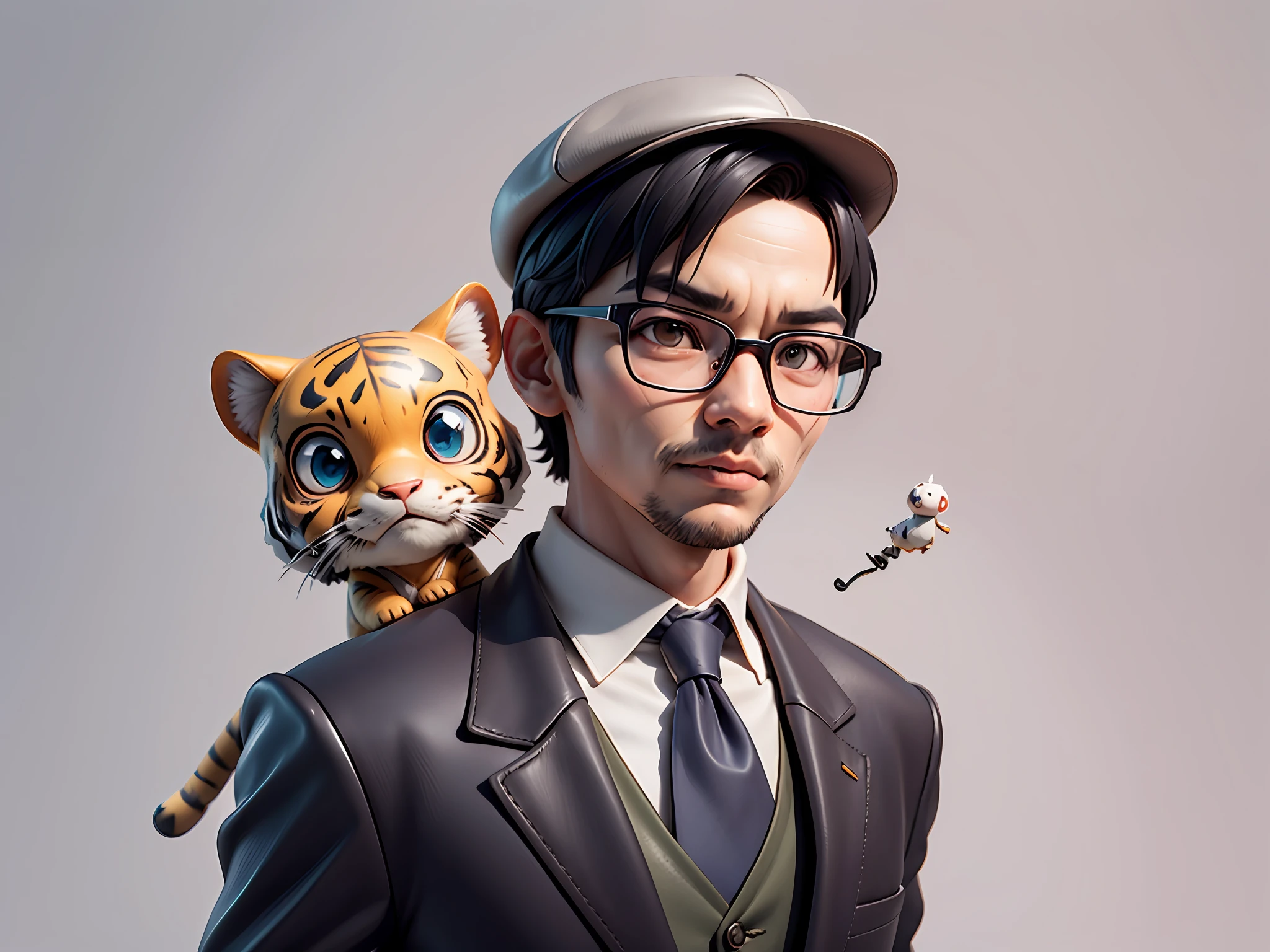 Young man with oriental face in leather hat, tiger, oriental face in formal suit, short black hair, silver glasses, digital painting, 3D character design by Mark Clairedon and Pixar and Hayao Miyazaki and Akira Toriyama, the illustration is a high-definition illustration in 4K resolution with very detailed facial features and cartoon-style visuals.