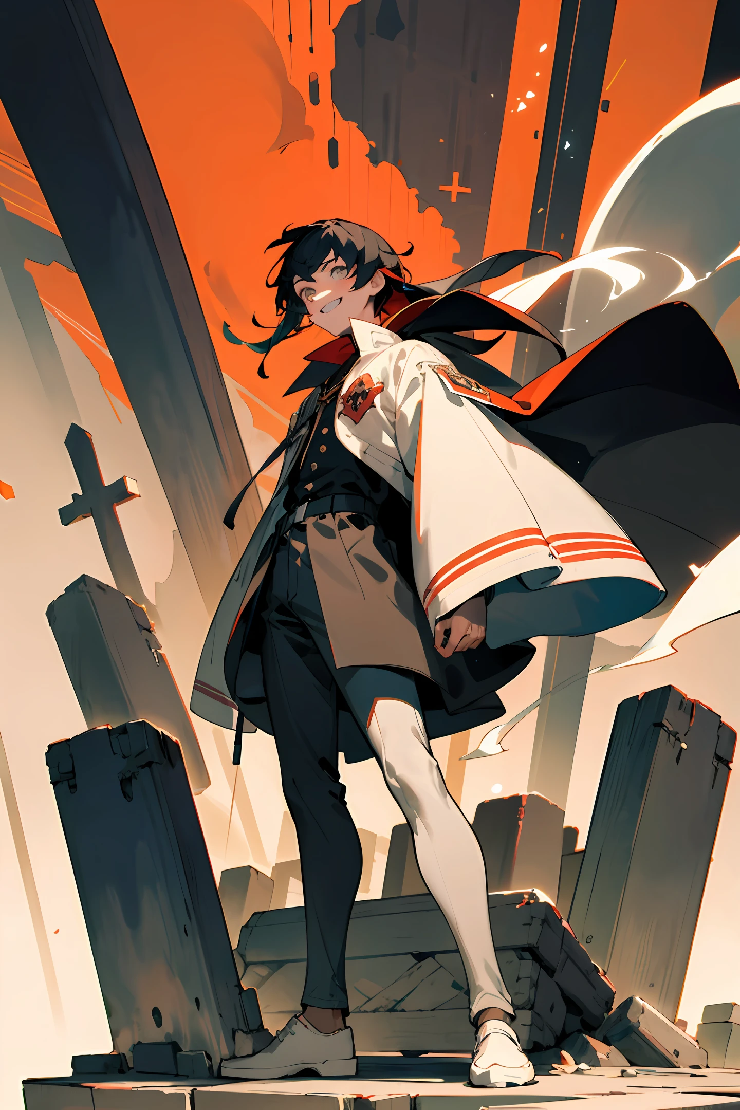 Homem, 1boy, alto, cabelo vermelho, cabelo volumoso, alto, smoker vermelho e branco, high definition, 8k, obra prima, standing on her feet, castelo ao fundo, homem, RPG, realista, obra prima, colorido, alegre, graves, sorriso, confiante