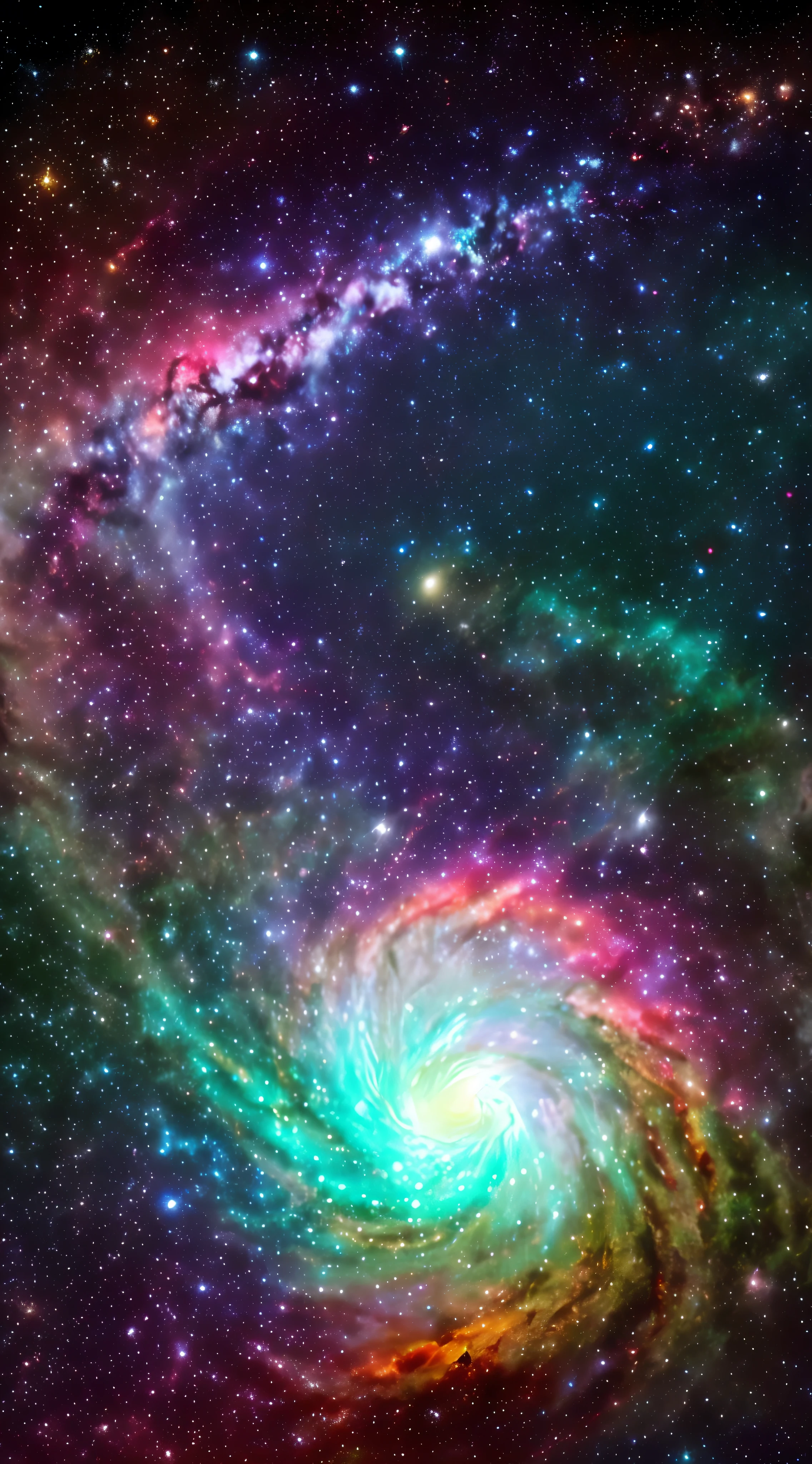Create a captivating and enigmatic image that captures the essence of the cosmic mystery. Imagine a vast night sky, dotted with gleaming stars forming unknown constellations. no centro da imagem, A spiral galaxy in celestial splendor, with his curved and imposing arms. Ao redor dela, Planets orbit in perfect orbits, cada um revelando paisagens surreais e surpreendentes. In the depths of space, Colorful nebulae dance in harmony, radiating a fascinating cosmic energy. Transcend the limits of imagination and create a cosmic work of art that arouses curiosity and admiration in viewers.