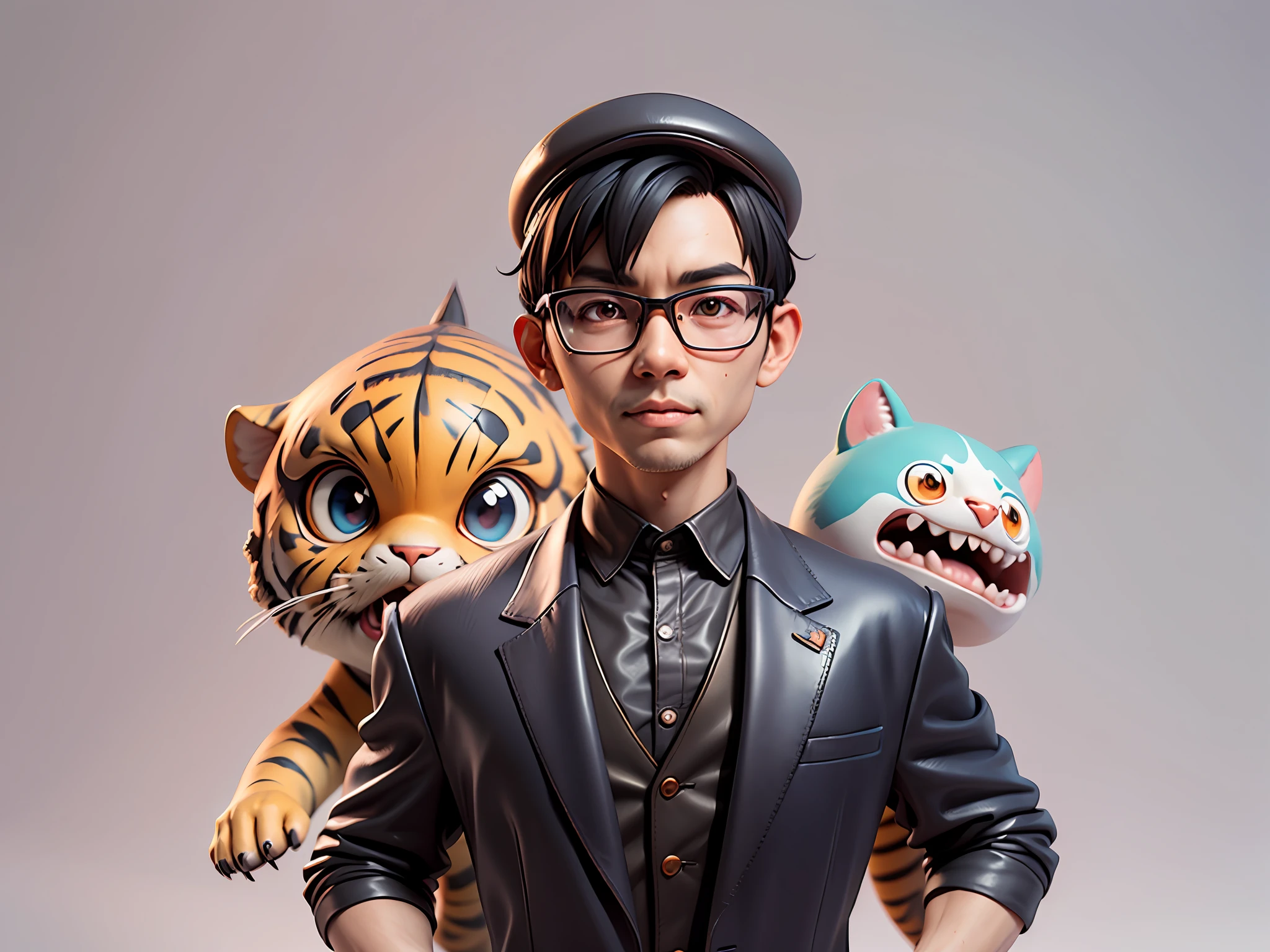 Young man with oriental face in leather hat, tiger, oriental face in formal suit, short black hair, silver glasses, digital painting, 3D character design by Mark Clairedon and Pixar and Hayao Miyazaki and Akira Toriyama, the illustration is a high-definition illustration in 4K resolution with very detailed facial features and cartoon-style visuals.
