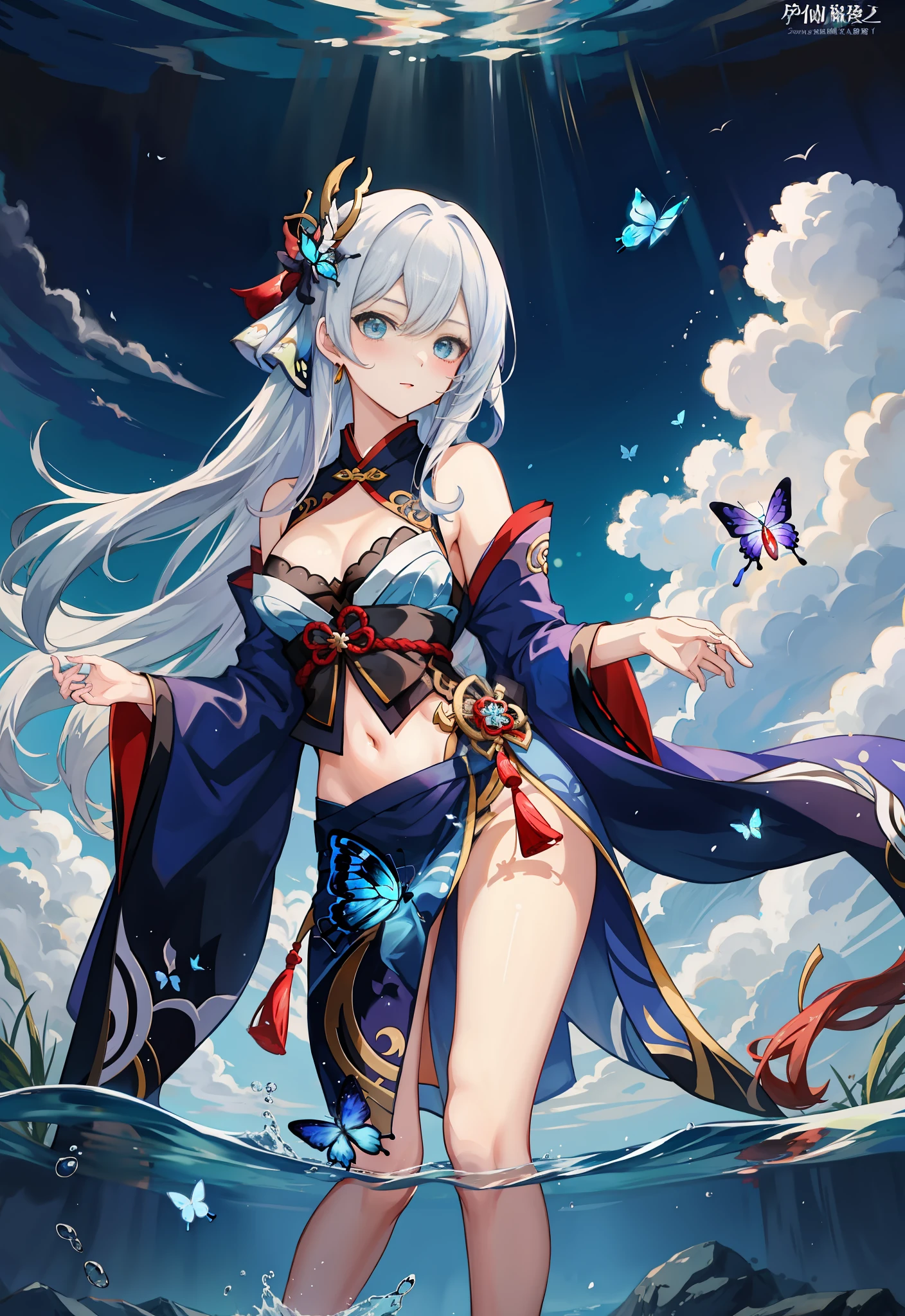 Anime girl standing in water in blue dress,Butterfly in hand, White-haired god, Keqing from Genshin Impact, Guweiz in Pixiv ArtStation, trending on artstation pixiv, Beautiful teenage girl, by Yang J, Guweiz on ArtStation Pixiv, Kushatt Krenz Key Art Women, water fairy, Palace , A girl in Hanfu,Bare legged,Superskirt,does not wear panties,bare butts,exposing your navel,Obscene lines,Expose all breasts,There are no clothes below the navel