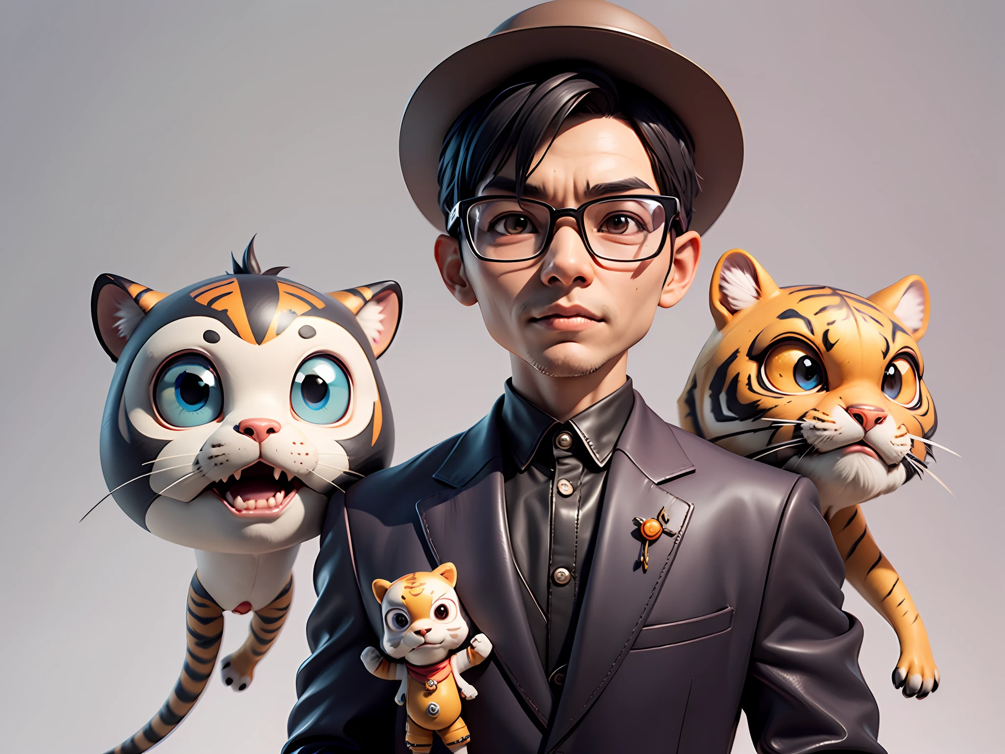 Young man with oriental face in leather hat, tiger, oriental face in formal suit, short black hair, silver glasses, digital painting, 3D character design by Mark Clairedon and Pixar and Hayao Miyazaki and Akira Toriyama, the illustration is a high-definition illustration in 4K resolution with very detailed facial features and cartoon-style visuals.