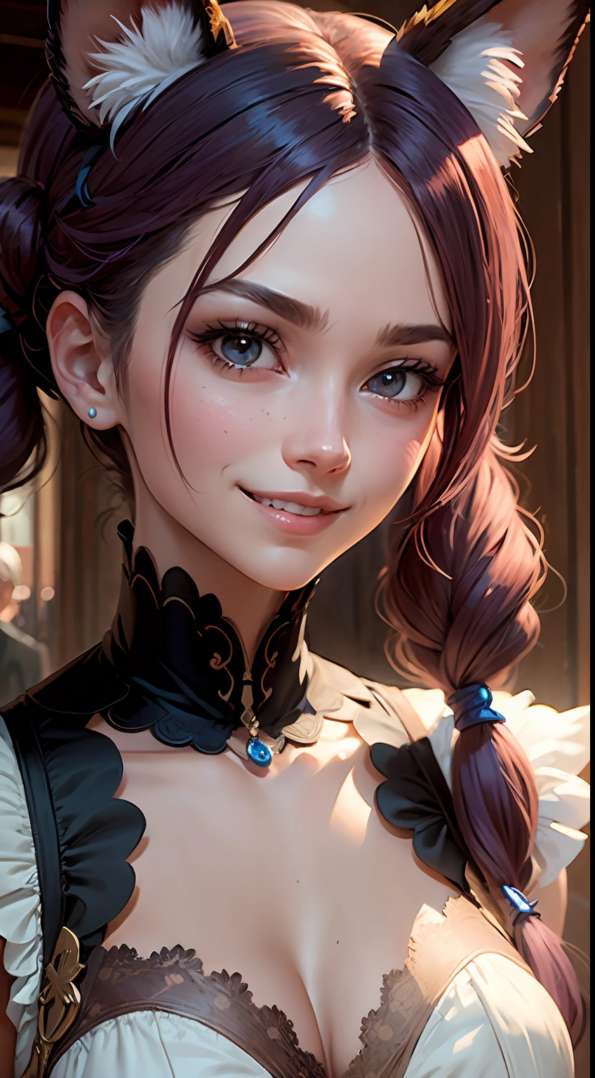 twintails, purple hair, crown, furrowed brow, fox ears, grin, modern, anime, Neoclassicism, Romanticism, cinematic lighting, backlighting, optical illusion, character chart, close-up, Wide-Angle, super detail --auto