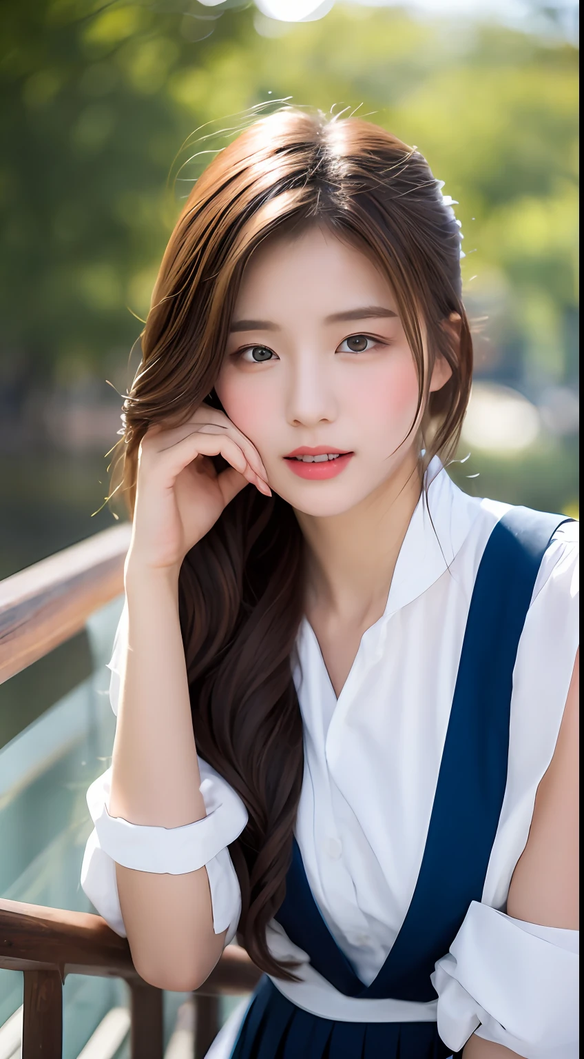 Clear focus，A detailed，dramatics，delicate beautiful schoolgirl，18yr old，Transparent Hanfu，pale brown hair，Raised sexy，ssmile，peeking at the viewer，Beautiful graphics，Bright palace，Show the whole body，sitted，