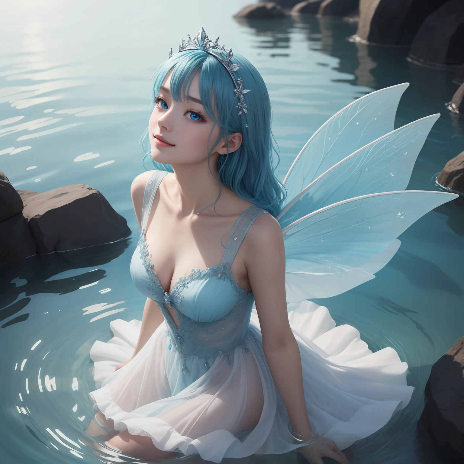 (masterpiece)8K分辨率、top-quality、Water fairy looking up at the surface of the water、Blue hair、light blue eyes、Hazel eyes、Delicate full-body image、fantasy-inspired、Gentle smile、No chemomimi、Dress Hemation