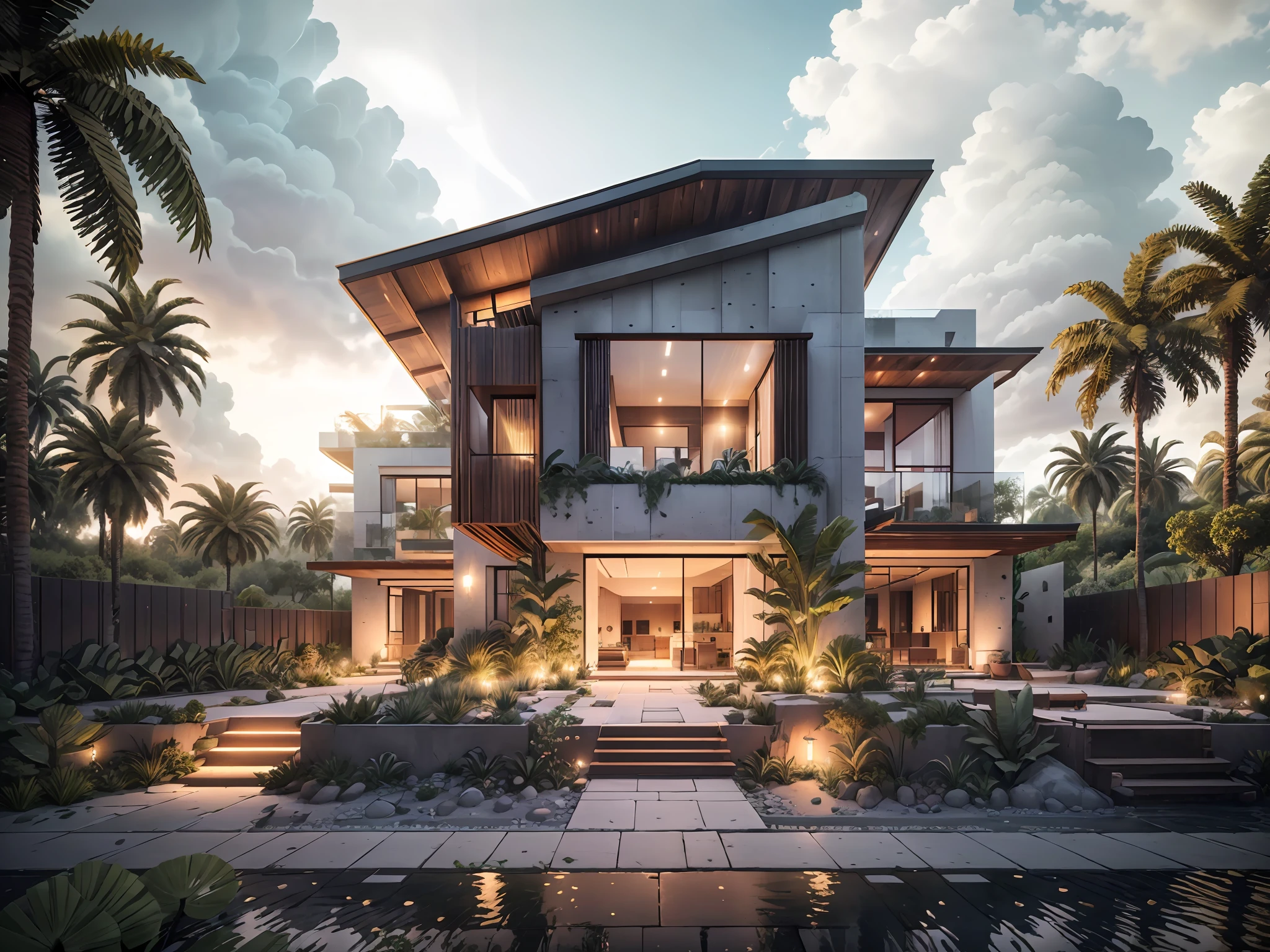 Boho style, luxury jungle villa with roof garden, glass villa with a sloping roof, modern, dynamic (RAW photo, real, best quality, masterpiece:1.2), (hyper realistic, photo-realistic:1.2), high quality, (dark lighting:1.2), perfect lighting, archdaily, award wining sustainable architecture, cinematic light, golden hour light