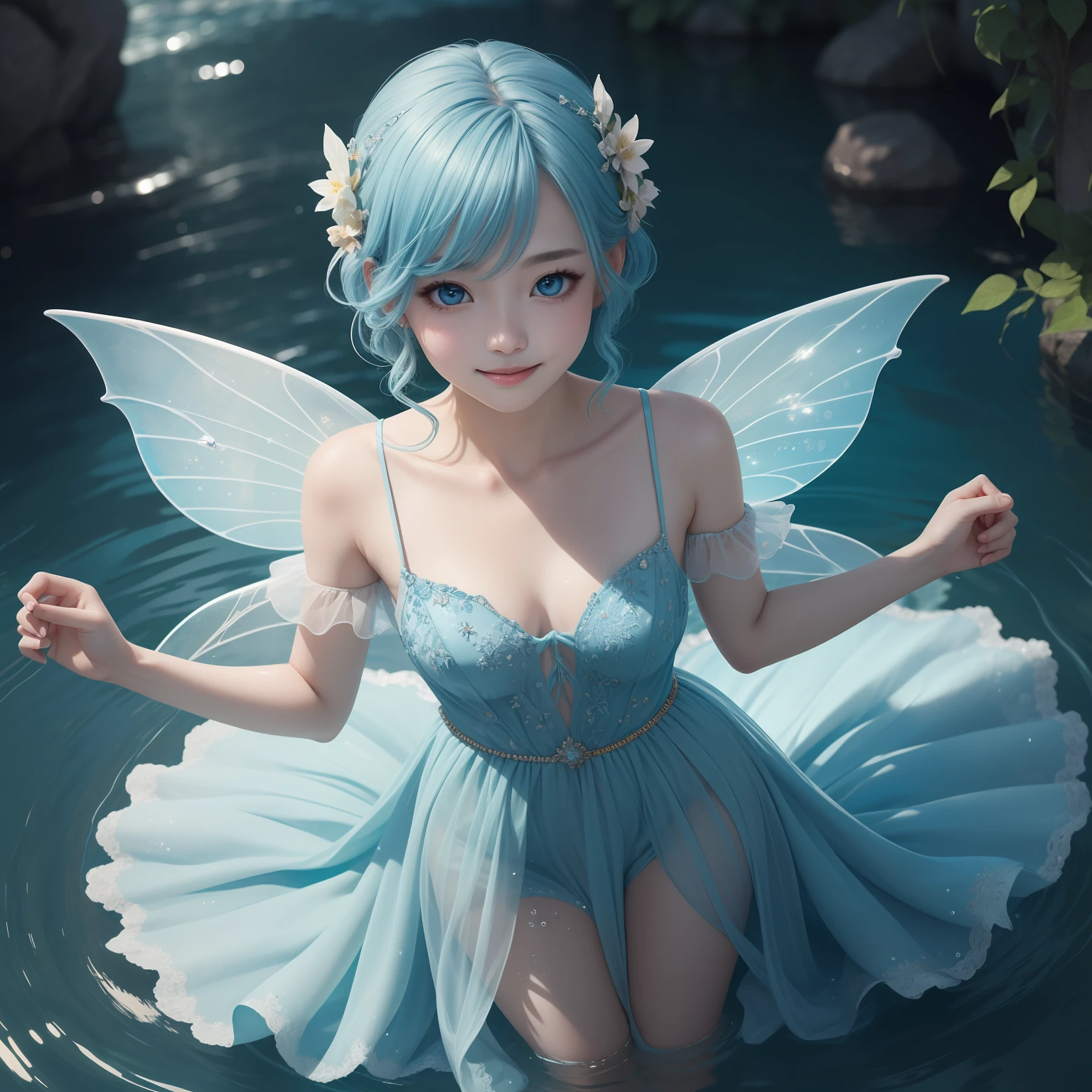 （​masterpiece）8K分辨率、top-quality、Water fairy looking up at the surface of the water、Blue hair、light blue  eyes、Hazel eyes、Delicate full-body image、fantasy-inspired、Gentle smile、No chemomimi、Dress Hemation