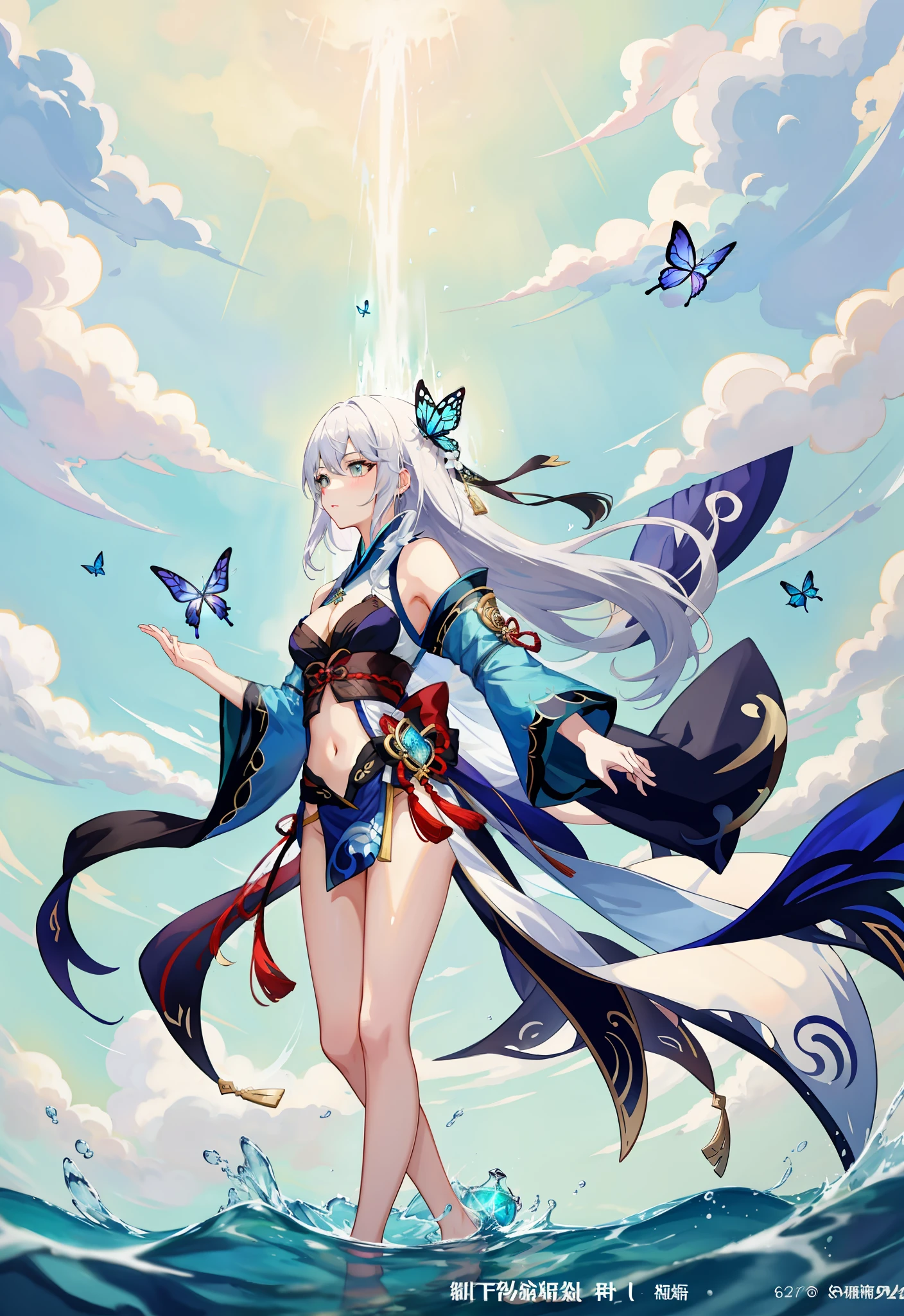 Anime girl standing in water in blue dress，Butterfly in hand, White-haired god, Keqing from Genshin Impact, Guweiz in Pixiv ArtStation, trending on artstation pixiv, Beautiful age girl, by Yang J, Guweiz on ArtStation Pixiv, Kushatt Krenz Key Art Women, water fairy, Palace ， A girl in Hanfu，Bare legged，Superskirt，does not wear panties，bare butts，exposing your navel，Obscene lines，Expose all breasts，There are no clothes below the navel