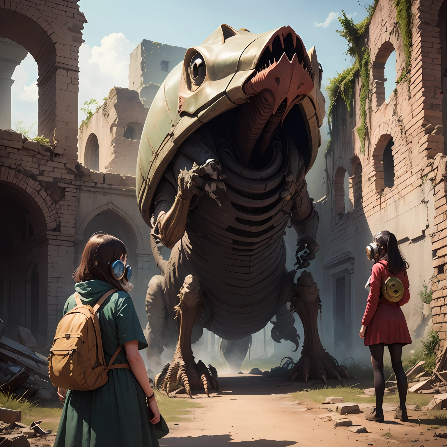 In the ruins,A girl wearing a gas mask,Face away from the camera,She confronts a prehistoric beetle-like alien creature --auto