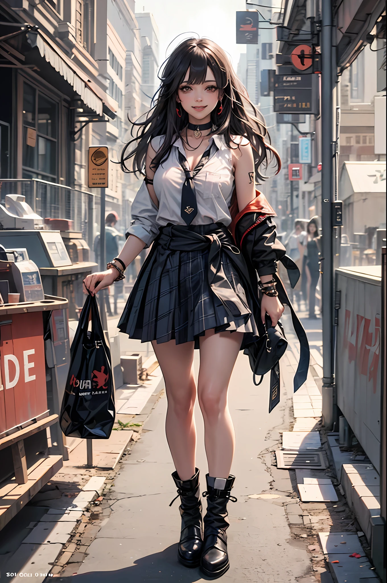 masterpiece, best quality, full body, 1girl, bangs, black choker, black necktie, black hair, blue skirt, blush, bracelet, breasts, choker, clothes around waist, collarbone, collared shirt, cowboy shot, dress shirt, ear piercing, eyebrows visible through hair, gradient hair, grin, gyaru, jewelry, kogal, long hair, looking at viewer, loose necktie, necktie, piercing, plaid, plaid skirt, pleated skirt, red eyes, ring, school uniform, shirt, skirt, smile, solo, white shirt, street, sky, cherry blossoms, petals,illustration, (magazine:1.3), (cover-style:1.3), fashionable, woman, vibrant, outfit, posing, front, colorful, dynamic, background, elements, confident, expression, holding, statement, accessory, majestic, coiled, around, touch, scene, text, cover, bold, attention-grabbing, title, stylish, font, catchy, headline, larger, striking, modern, trendy, focus, fashion, --auto