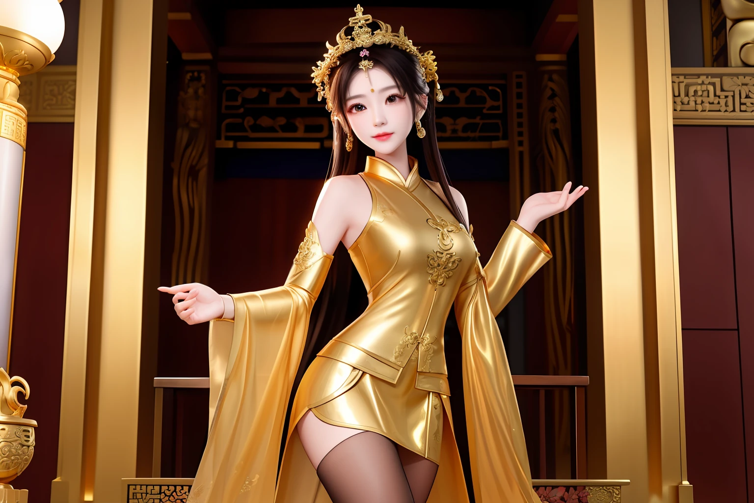 Liu Yifei, highest quality, realisticlying, RAW photos, Amazing, A detailed, 电影灯光, (Gravure photography), (Long shots), (Beautiful girl adoration), Balanced body, (full bodyesbian), Delicate hands, (anatomically correct hands) (petty face, slim, petite, slender body), (The large), (Lateral face), (nedium breasts), (immensity), (Arm exposure) (Thighs exposed) () (Guanyin Bodhisattva role-playing) (Avalokiteshvara), (BUDDHA STATUE), (14岁,a beauty girl)独奏,(Gold transparent tights),(Gold mesh stockings),(Gold garters),(Very small crown)(Gold transparent flowing robe),(Hand in hand worship on the chest),(There are gold patterns on the walls)(The walls are decorated with gold),(Golden ancient temple),(full bodyesbian,standing on your feet),(The whole body is from the front),(Pray with your palms folded),