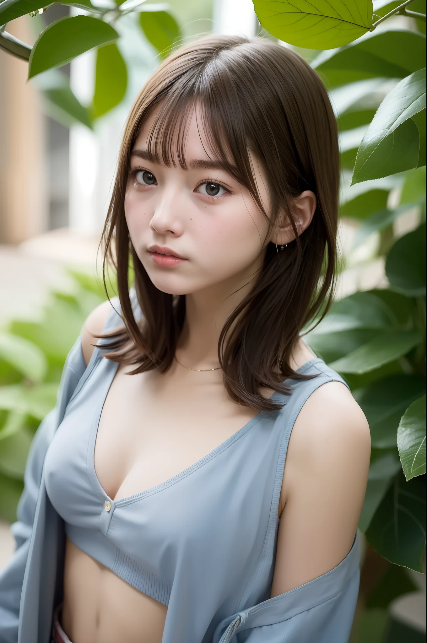 teens girl，shoulder-length short hair，Melon seed face，Bare chest and dew spot