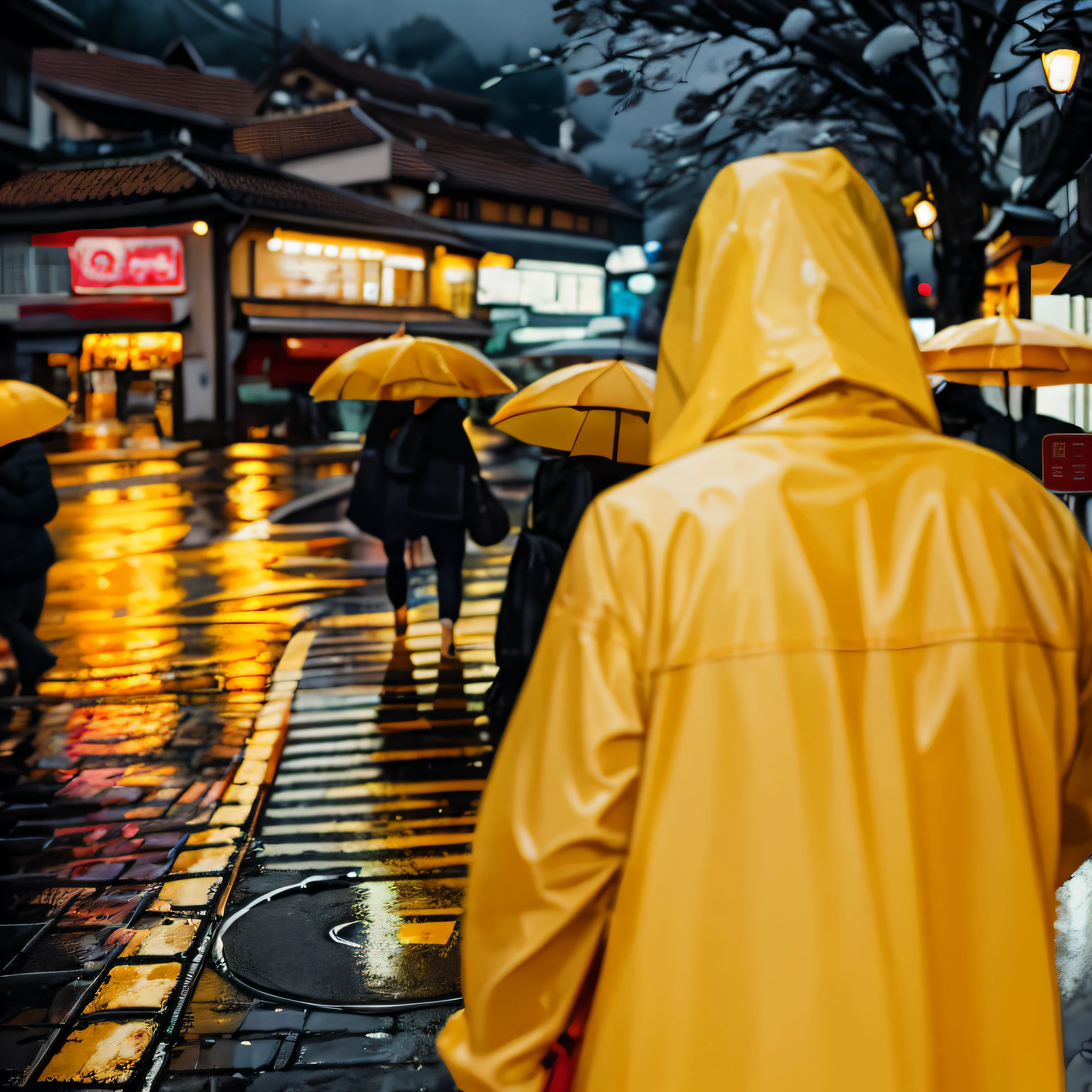 Someone walked down the street with an umbrella, digital painting of zurich, artwork of a hong kong street, Stylized digital illustration, rainy street, Yellow raincoat, Wet streets, rainy streets in the background, Digital painting style, On a rainy day, wet street, cartoon digital painting, rainy scene, digitial painting, glossy digital painting, rainy urban streets