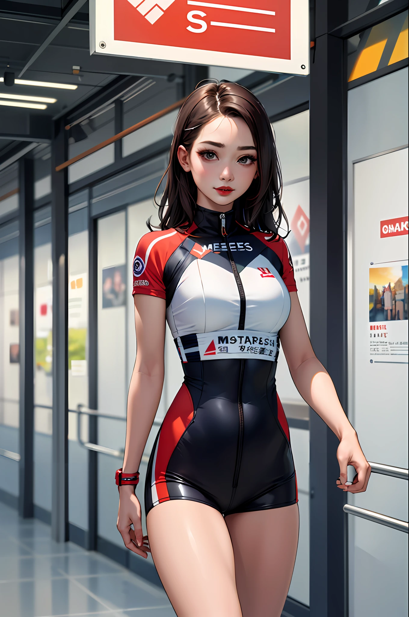 (masterpiece:1.4)、(top-quality:1.4)、
1girl in, Bewitching Grid Girl, length hair, looking at the viewers, 独奏 ,realisitic,(shinny skin),(masterpiece:1.4),(top-quality:1.4),red-lips,racing venue
