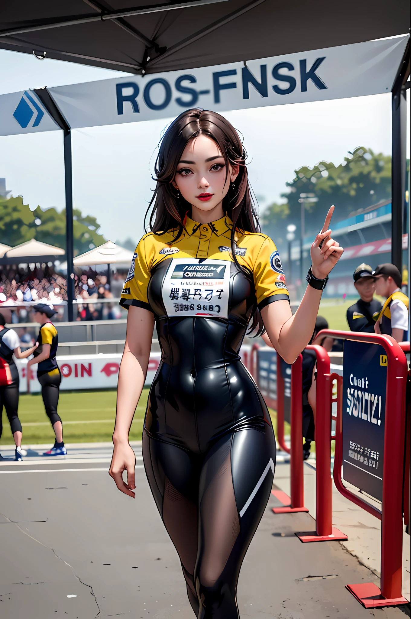 (masterpiece:1.4)、(top-quality:1.4)、
1girl in, Bewitching Grid Girl, length hair, looking at the viewers, 独奏 ,realisitic,(shinny skin),(masterpiece:1.4),(top-quality:1.4),red-lips,racing venue