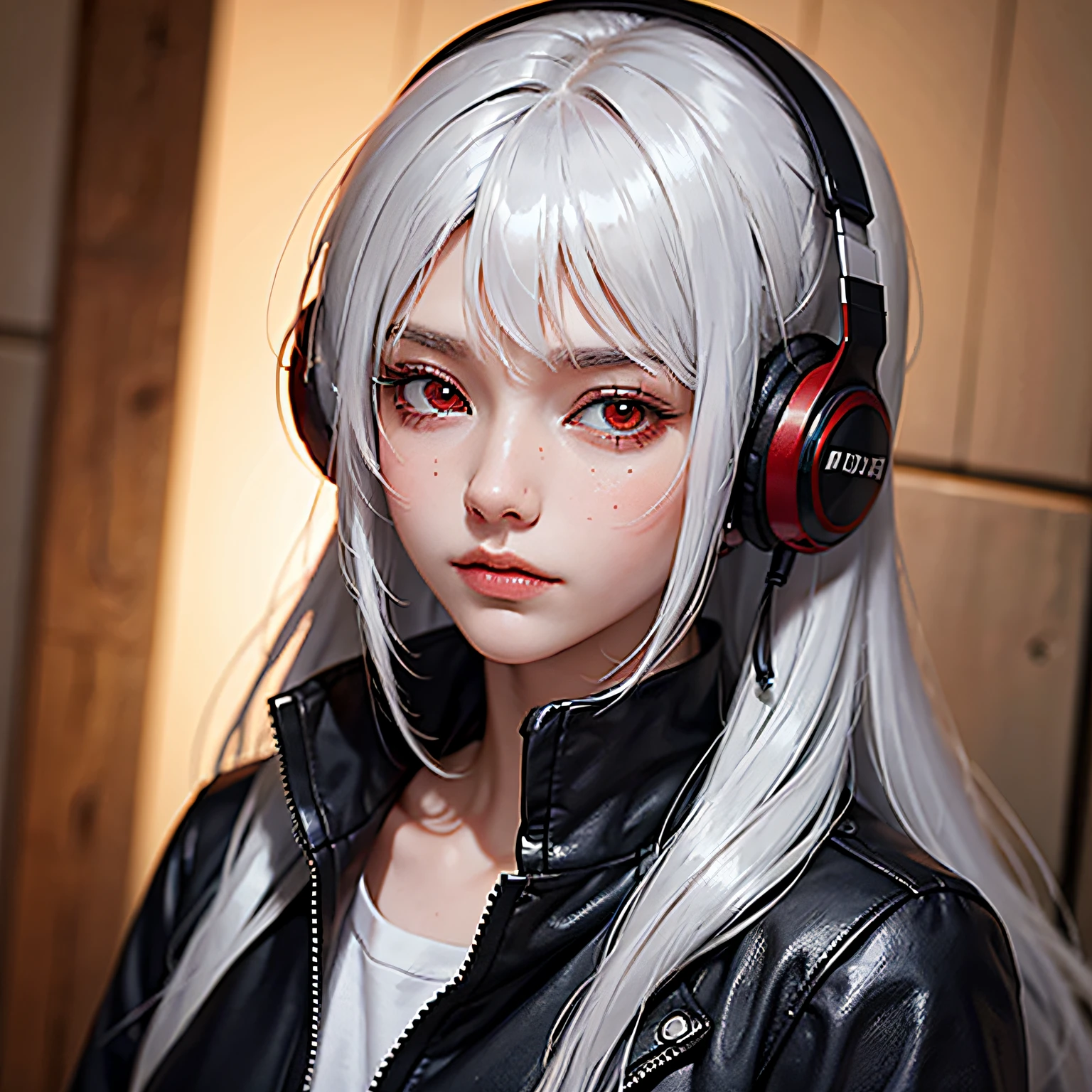 silver hair, hair over shoulder, behind-the-head headphones, red eyes, expressionless, anime, UHD, masterpiece, high quality --auto