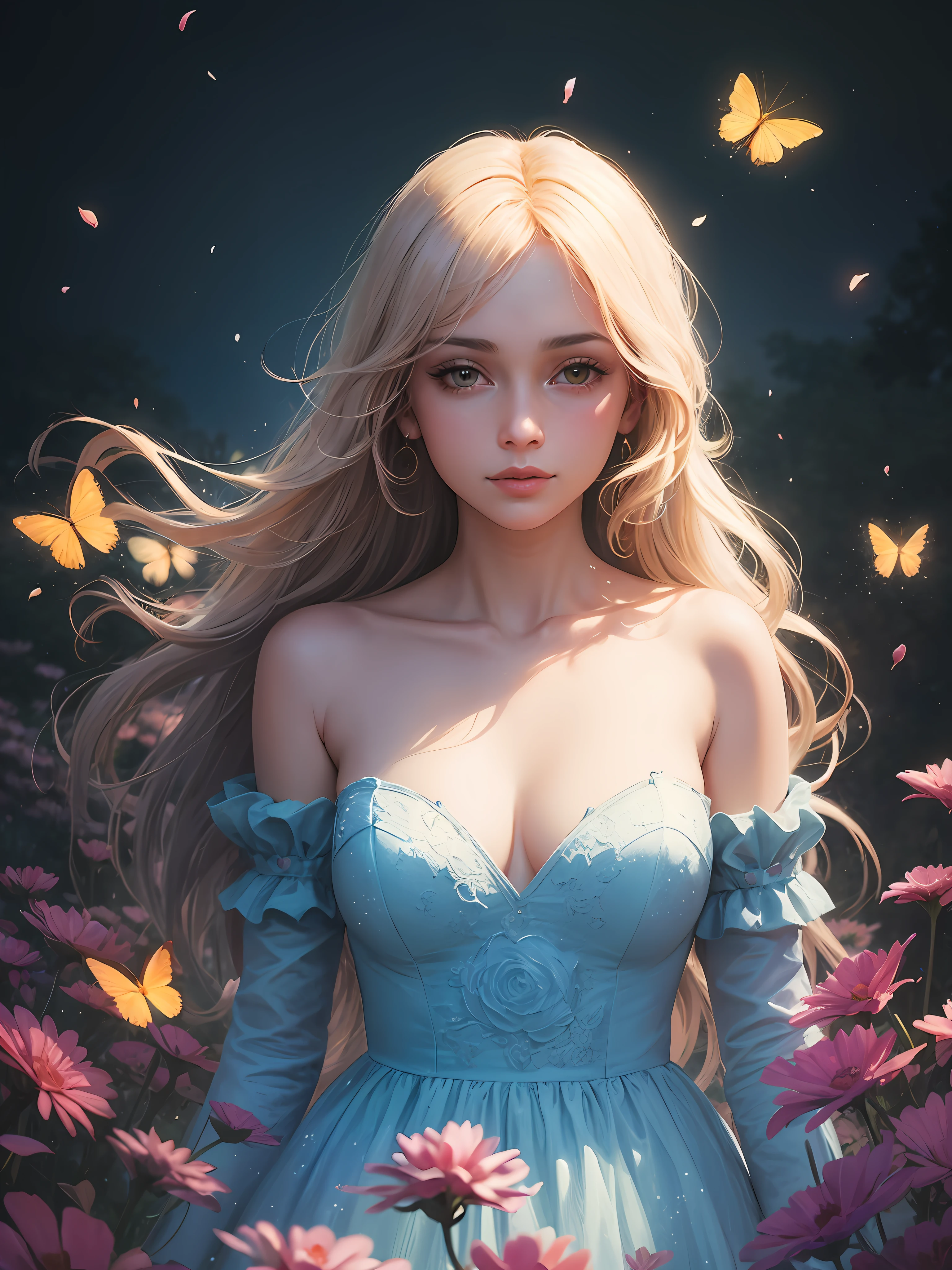 1girl, solo, full body, (masterpiece:1.21), (best quality:1.2), colorful, (illustration:1.2), (cinematic lighting:1.1), (bare shoulders:1.21), (collarbone:1.21) in this whimsical A beautiful and dreamlike garden, the scene is illuminated by a rainbow (colorful fireflies) dancing in the air. Pastel (drizzle) adorns the garden, creating a hazy and ethereal atmosphere. In the center of the picture, stands a single girl, an extremely beautiful girl, with lovely facial features and an innocent expression. Her long hair fluttered in the wind. She wore a low-cut strapless dress that accentuated her curves. The lighting is very delicate and beautiful, creating a soft warm glow that accentuates the water and makes it sparkle like a diamond. The finest grasses are also illuminated to create a lush carpet. The garden is surrounded by colorful flower fields with flowers of all colors and shapes. Various colors and sizes (coloured butterflies) can be seen flying around the scene, adding to the overall sense of wonder and magic. (Everyone, judges), a blush can be seen on the bridge of the nose, and the mouth is slightly opened, which adds to the overall sense of innocence and youth. Falling petals can be seen waving around her, adding to the overall sense of romance and beauty. The breeze is blowing, the leaves are rustling, and the flowers are swaying, adding to the overall dynamism and vitality. It is a scene of pure wonder and magic, full of color and beauty, where the viewer can lose themselves in this enchanting and captivating world.