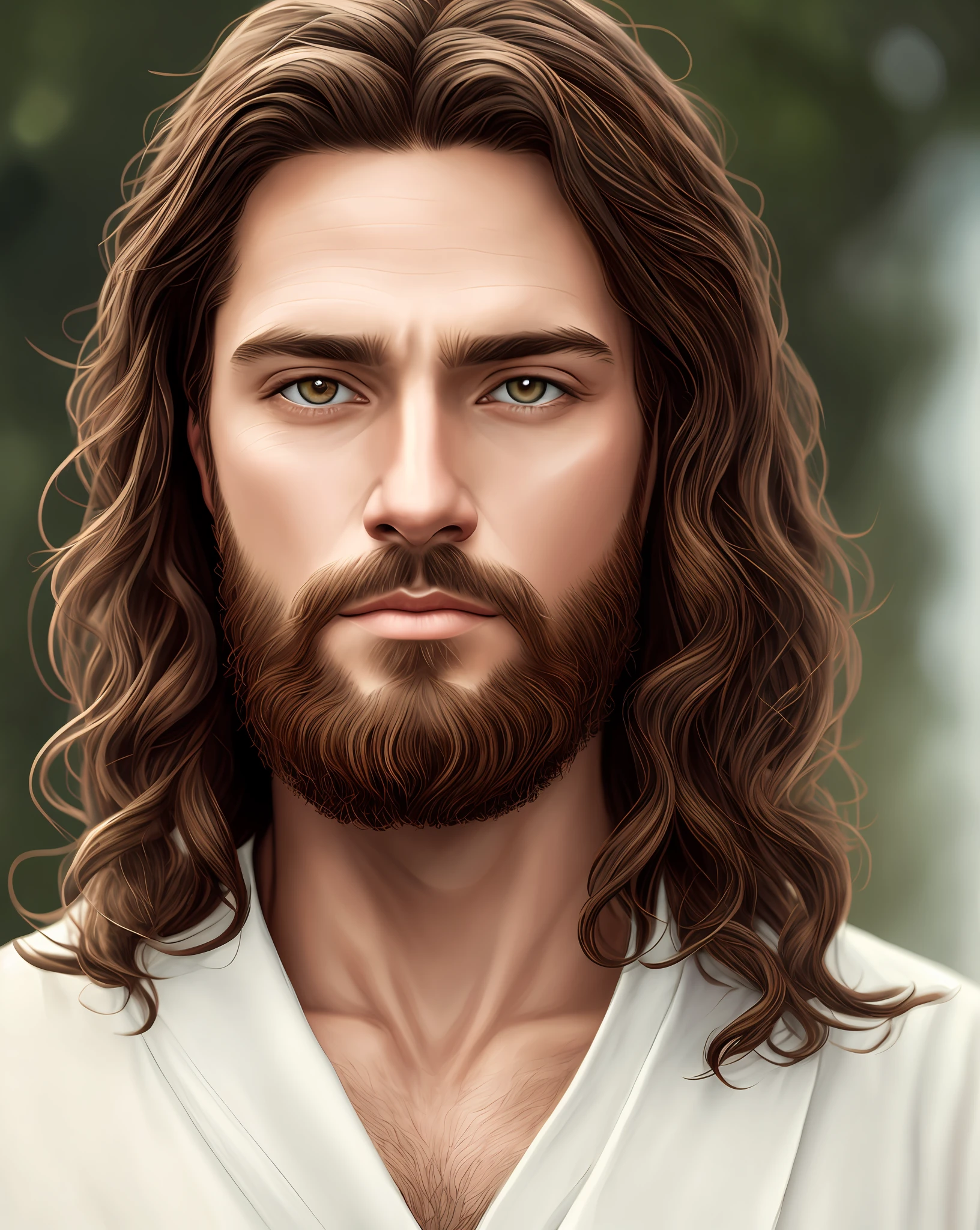 imagem arrapada de um homem com cabelos longos e barba, Retrato de Jesus Cristo, bonito impressionante realista, Jesus Cristo, pintura digital realista, Jesus Cristo em Mass Effect, Personagem altamente detalhado, rosto realista altamente detalhado, rosto realista detalhado, realistic digital illustration, jesus of nazareth, pintura digital altamente detalhada, rosto de jesus, pintura digital detalhada, arte digital muito realista