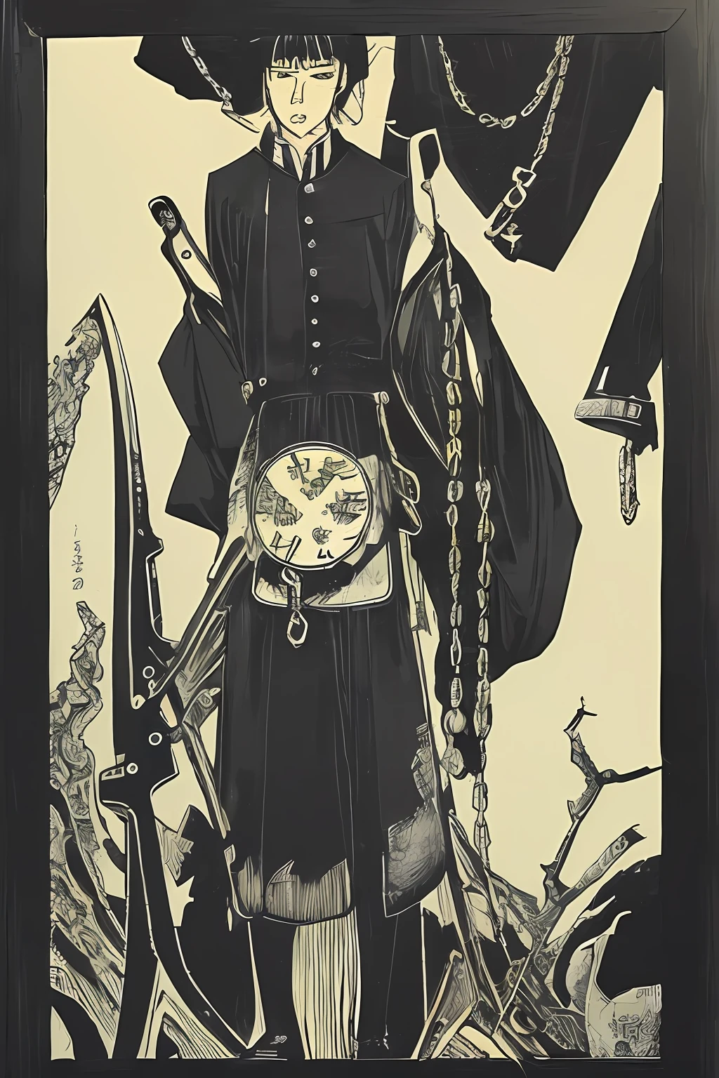 Painting style black and white，Japanese manga art style，Fox eyes，Commercial uniforms，Head tilted upwards，Fine，tmasterpiece，femele，himeno，chainsawman
