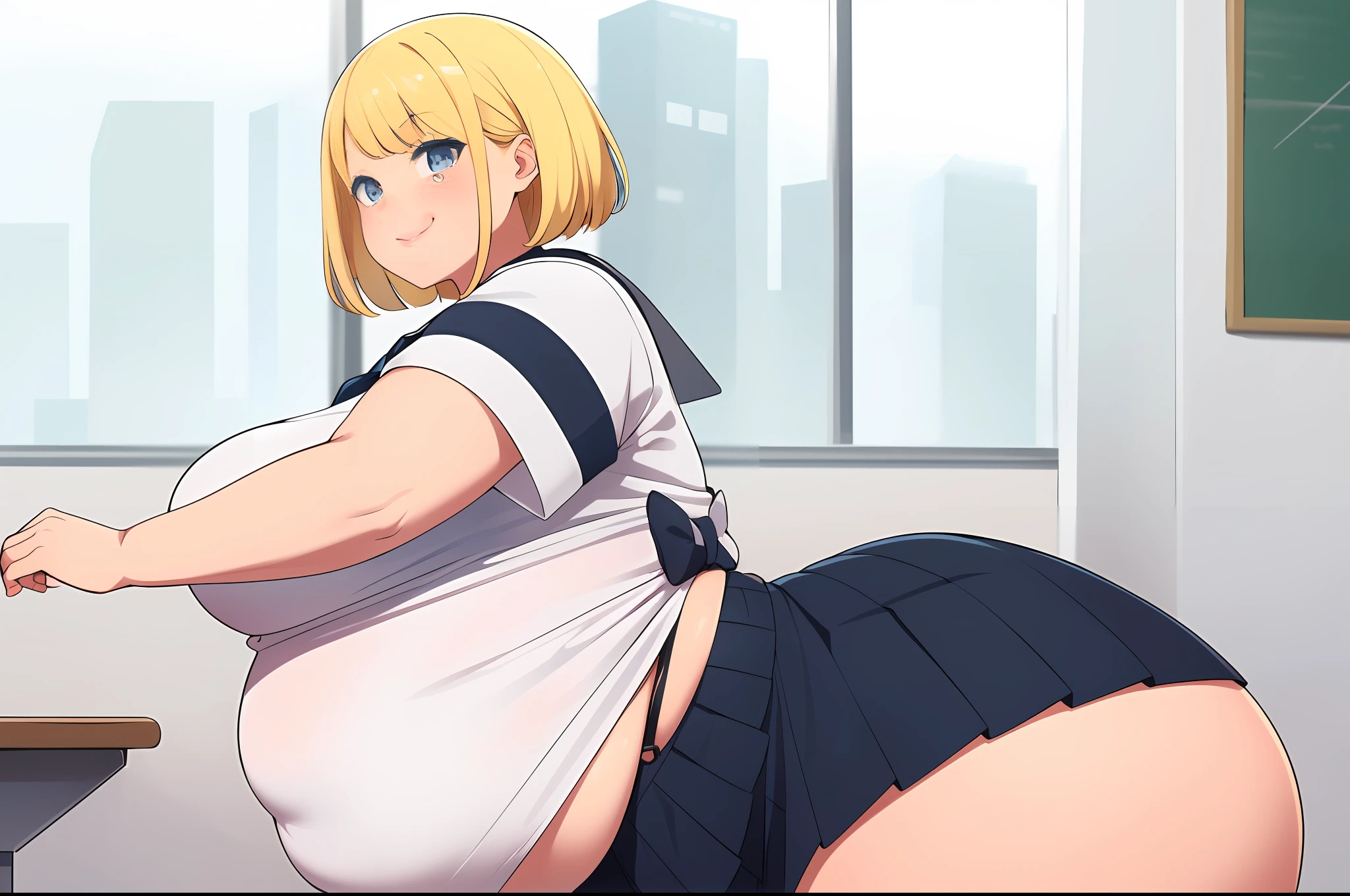 masterpiece, best quality, extremely beautiful and delicate, extremely detailed, intricate detail, vivid colors, colorful, (girl), (gal), short hair, (pale yellow hair), shiny tan skin, huge long breasts, bbw, chubby tummy, curvy, thick, lip, smug, showing belly, massive, obese