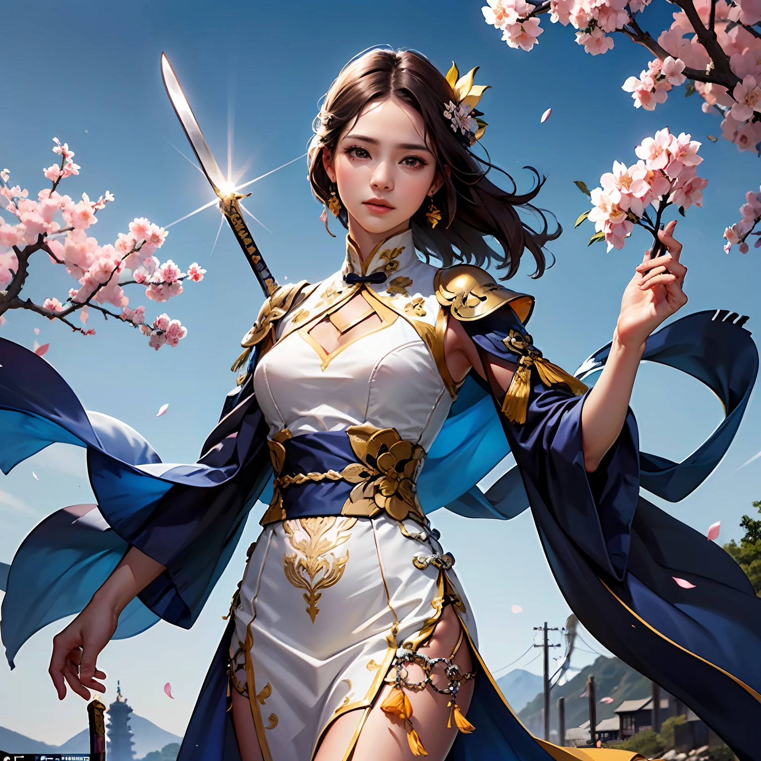 (Painting style：Chinese ancient style;The subject：Xianxia;plot：Ten thousand swords return to the sect;Light：Realistic highlights;props：Long swords and robes),(main body：A swordsman holds a long sword and bathes in the sun，There is a smile at the corner of his mouth，The clothes flew over，It seems to be practicing swordsmanship),(Scenes：There are blue streams babbling in the mountains and forests，Clear air，Brilliant sunlight sprinkles on leaves and figures),(the detail：The sword mouth is slightly open，It seems to reveal a coercion，The robe is densely carved with various symbols，Shimmering with dazzling light；There are several cherry blossoms floating around the swordsman，There are also a few small birds flying；Prompt contains several Chinese music tags，It can enhance the emotional performance of the plot。) --auto