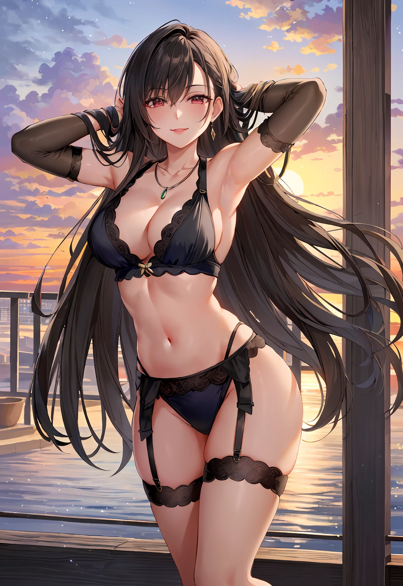 (8k, best quality, masterpiece:1.2),(best quality:1.0),ultra highres:1.0, extremely detailed, render, 4k, absurdres, HDR, looking at viewer, lingerie, garter straps, intricate costume, costume design, ornate, opulent, jewelry, necklace, straps, elbow gloves, sexy, lips, parted lips, smiling, medium breasts:1.3, medium full shot, hotel balcony, sunset, evening sky, wind, breeze:1.2, armpits, arms up, tifa lockhart, tifa