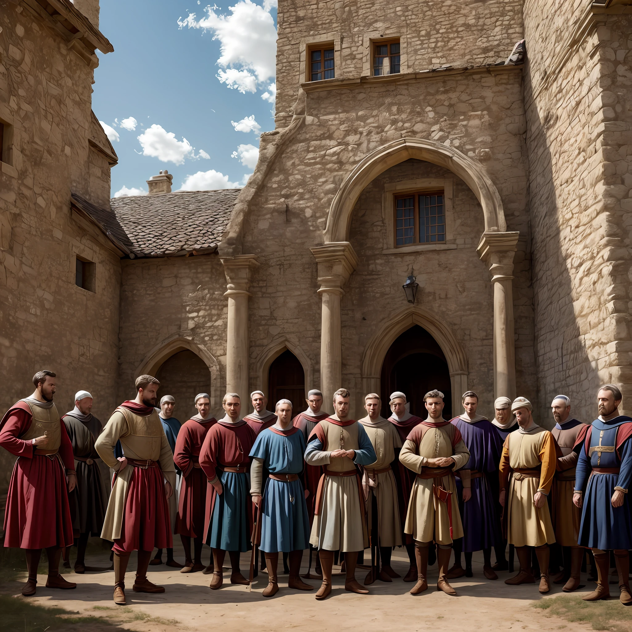 20 homens, medieval features, roupas medievais, in front of a medieval palace, oil tincture, 8k, good resolution --auto