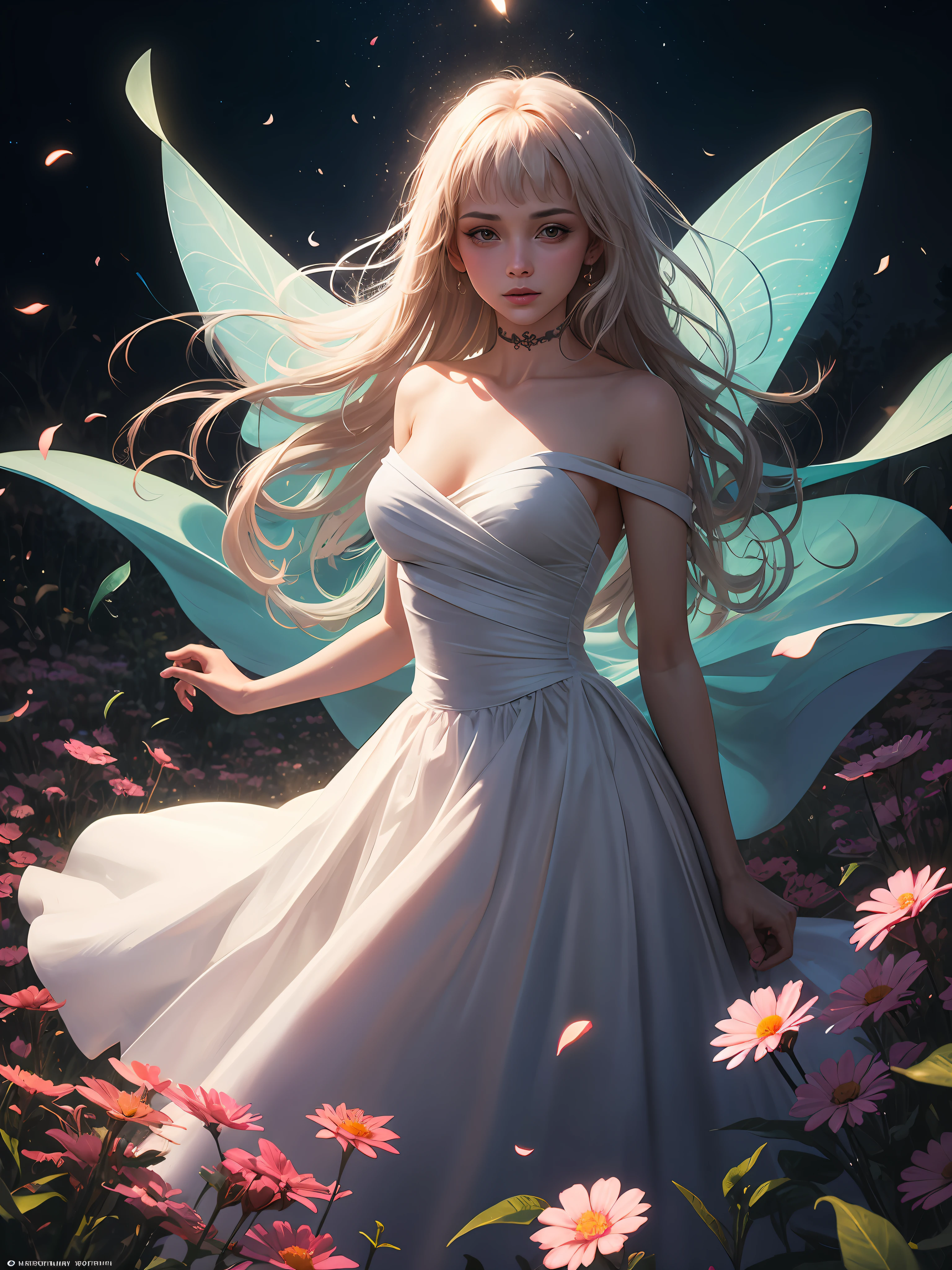 1girl, solo, full body, (masterpiece:1.21), (best quality:1.2), colorful, (illustration:1.2), (cinematic lighting:1.1), (bare shoulders:1.21), (collarbone:1.21) in this whimsical A beautiful and dreamlike garden, the scene is illuminated by a rainbow (colorful fireflies) dancing in the air. Pastel (drizzle) adorns the garden, creating a hazy and ethereal atmosphere. In the center of the picture, stands a single girl, an extremely beautiful girl, with lovely facial features and an innocent expression. Her long hair fluttered in the wind. She wore a low-cut strapless dress that accentuated her curves. The lighting is very delicate and beautiful, creating a soft warm glow that accentuates the water and makes it sparkle like a diamond. The finest grasses are also illuminated to create a lush carpet. The garden is surrounded by colorful flower fields with flowers of all colors and shapes. Various colors and sizes (coloured butterflies) can be seen flying around the scene, adding to the overall sense of wonder and magic. (Everyone, judges), a blush can be seen on the bridge of the nose, and the mouth is slightly opened, which adds to the overall sense of innocence and youth. Falling petals can be seen waving around her, adding to the overall sense of romance and beauty. The breeze is blowing, the leaves are rustling, and the flowers are swaying, adding to the overall dynamism and vitality. It is a scene of pure wonder and magic, full of color and beauty, where the viewer can lose themselves in this enchanting and captivating world.