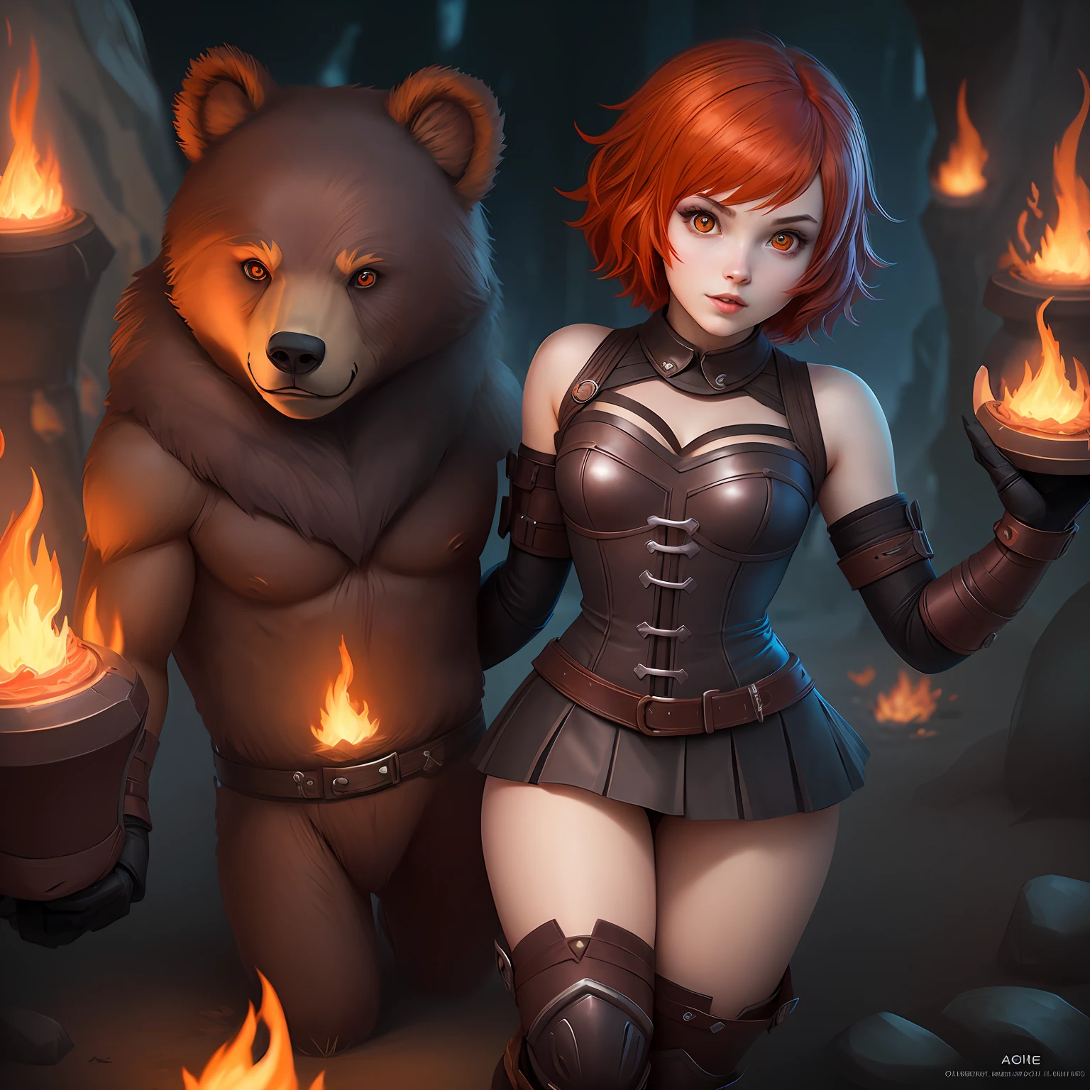 Annie, league of legends, red hair girl, anime beauty, wallpaper, masterpiece, blonde, red haired girl, bear in flames in the background, TIbbers, HD, FLAME EYES, HIGH REELS, LOLI --auto