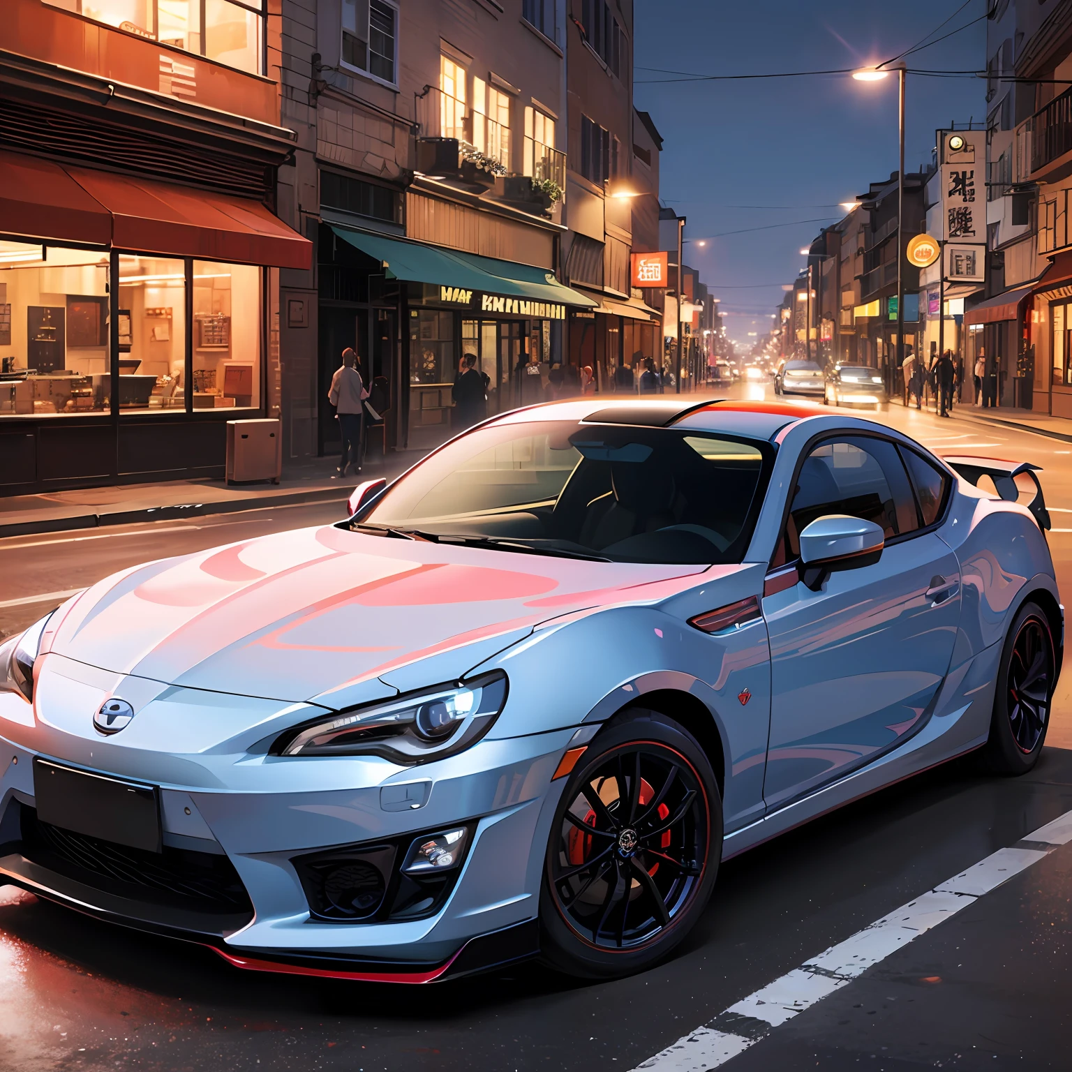 Deep evening on the shoreline of the bay,A Toyota 86 of extreme modification sped down the street,The body is dark blue,The exhaust pipe spews a light blue flame,Stunning visuals。 --auto
