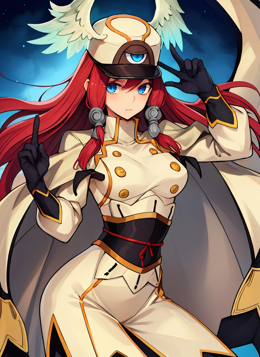 (masterpiece, best quality, high resolution),soft lighting, 1girl, tsubakims, hair tubes, hat, gloves, uniform, cape, military uniform, head wings, zettai ryouiki, blazblue, Tsubaki yayoi
