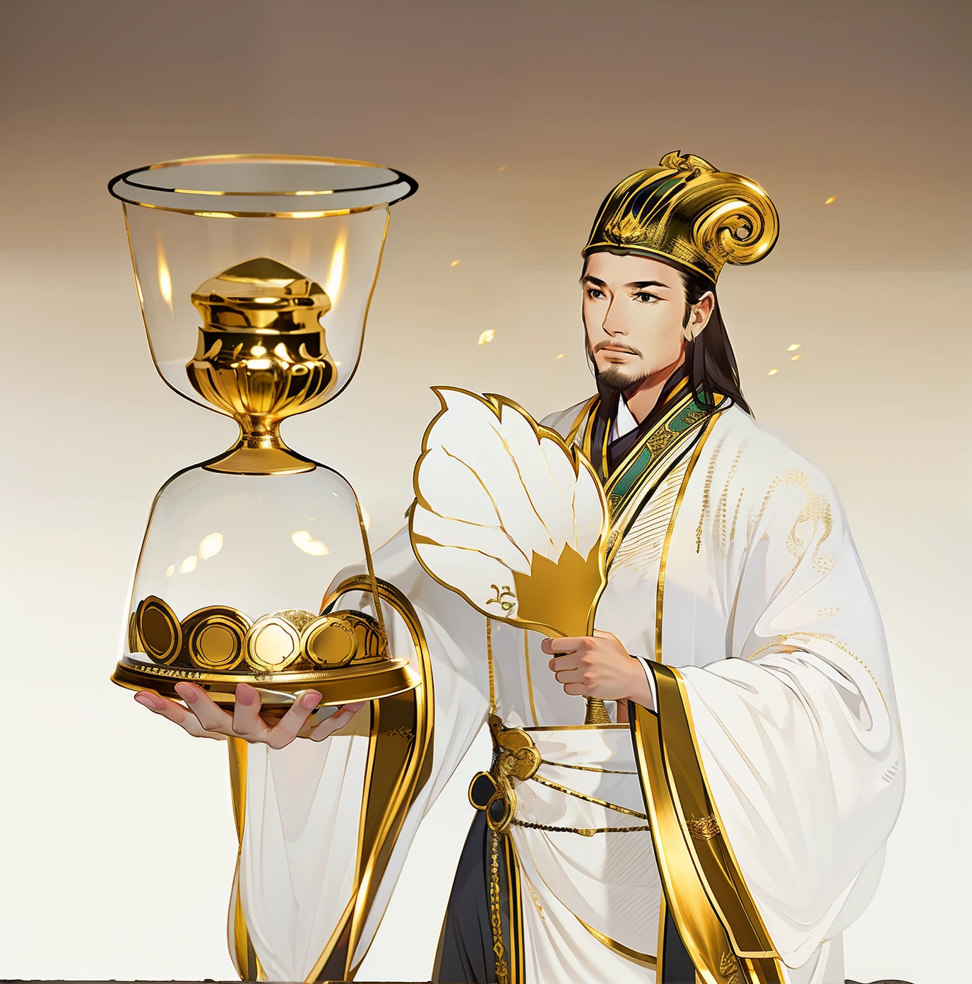 of a guy，white  clothes，Glass hourglass，There are gold coins inside，standing on your feet，With white fan，Ancient wind