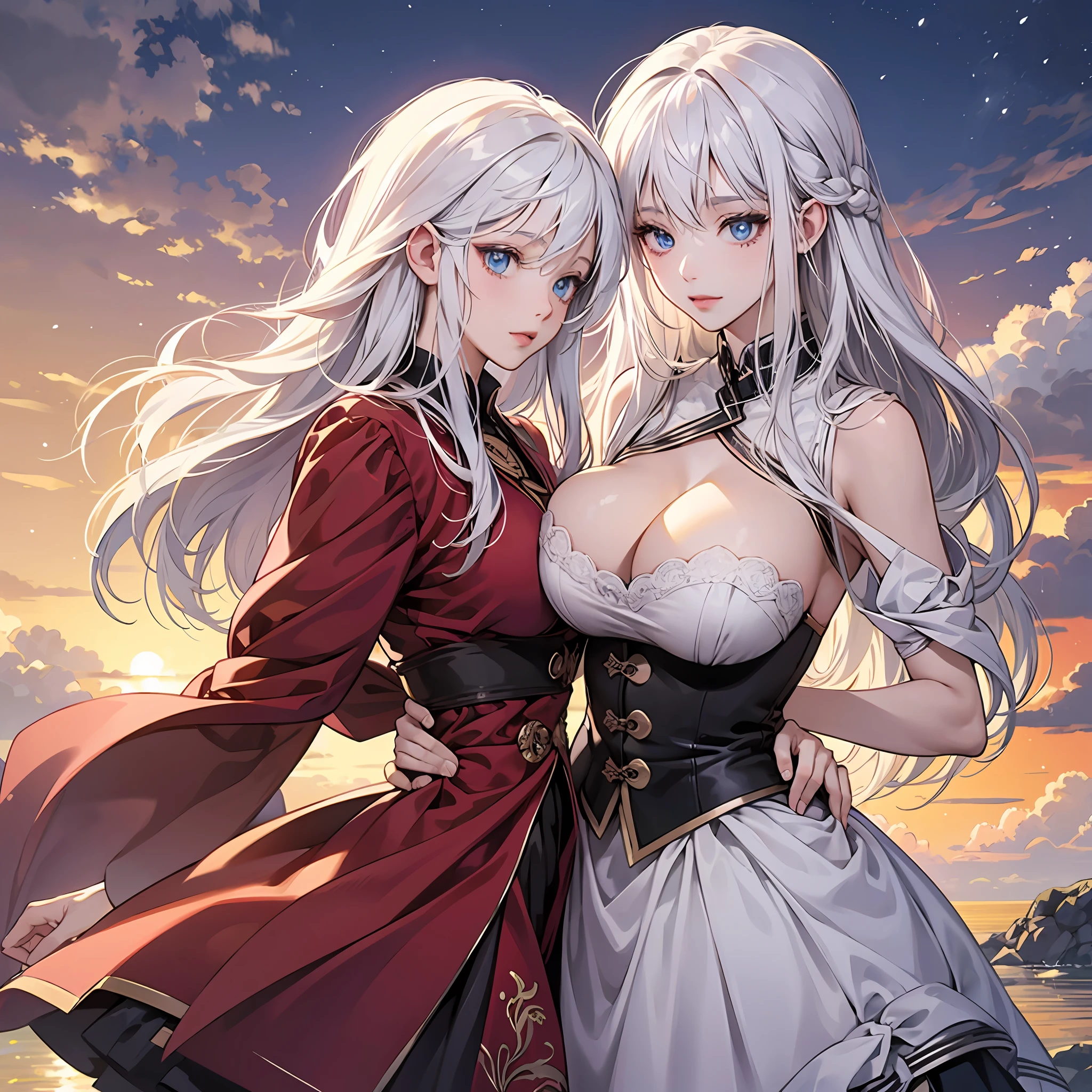 Best quality at best, tmasterpiece, White hair, eBlue eyes, nakeness,huge tit ,Anime girls, --auto
