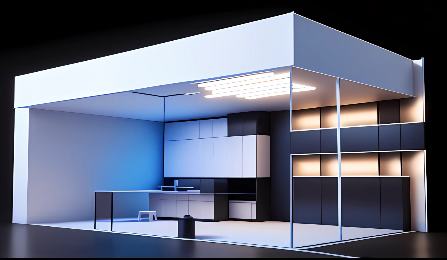 Close-up of booth design,3DMAX,max detail,3DSMAX,IMAX rendering,max res,3DMax rendering,sense of science and technology,White tones,Blue light,Wide white lintels,clean and uncluttered,Pavilion,Design schemes,with black background