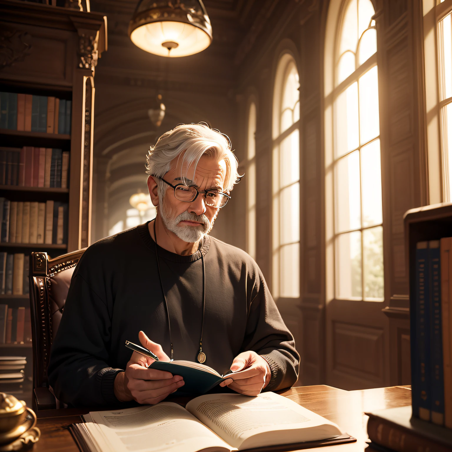 A scholar sitting in a comfortable armchair in a well-lit library. He's a mature man, with thin-rimmed glasses on the nose. Your hair is slightly misaligned, evidencing the intensity with which he is immersed in reading. His posture is upright and concentrated, demonstrating dedication to study.

The book he is reading is bulky and appears to be old, with an aged leather cover and yellowed pages. His hands grip the book carefully, as if he were flipping through its pages with reverence. As he reads, An expression of interest and curiosity manifests itself on his face, com sobrancelhas levemente franzidas.

Ao redor dele, Tall bookshelves filled with books form an intellectually stimulating backdrop. Os livros variam em tamanhos e cores, representing different areas of knowledge. Some bookshelves have a sliding staircase, indicating that the library is extensive and houses a vast collection.

A luz do sol atravessa as grandes janelas da biblioteca, iluminando sutilmente o ambiente e criando um clima acolhedor para a leitura. The atmosphere is quiet, permitindo que o estudioso se concentre profundamente em seu estudo. --auto