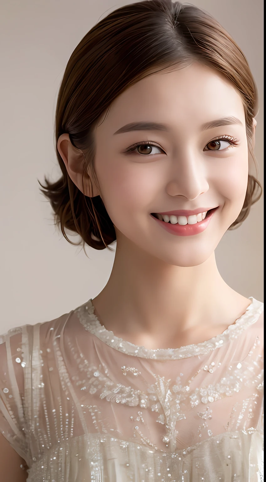 ((Best Quality, 8K, Masterpiece: 1.3)), 1 Girl, Slim Abs Beauty: 1.3, (Hairstyle Brown Hair Shortcut, Big: 1.2), Dress: 1.1, Super Slender Face, Delicate Eyes, Double Eyelids, Smile, Home, Raw Photo