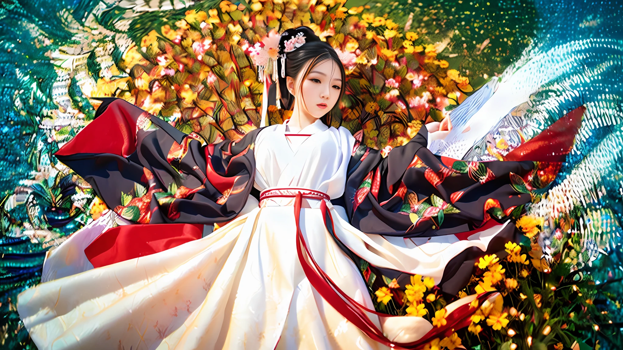 zhongfenghua, 1girl, (full body) solo, hanfu, flower field, blossom, (white smokes:1.3) (photorealistic:1.4), zentangle, mandala, entangle, official art, unity 8k wallpaper, ultra detailed, beautiful and aesthetic, masterpiece,best quality, (dynamic angle:1.4), glowing skin, (floating colorful sparkles:1) the most beautiful form of chaos, elegant, a brutalist designed, vivid colours, romanticism depth of field,