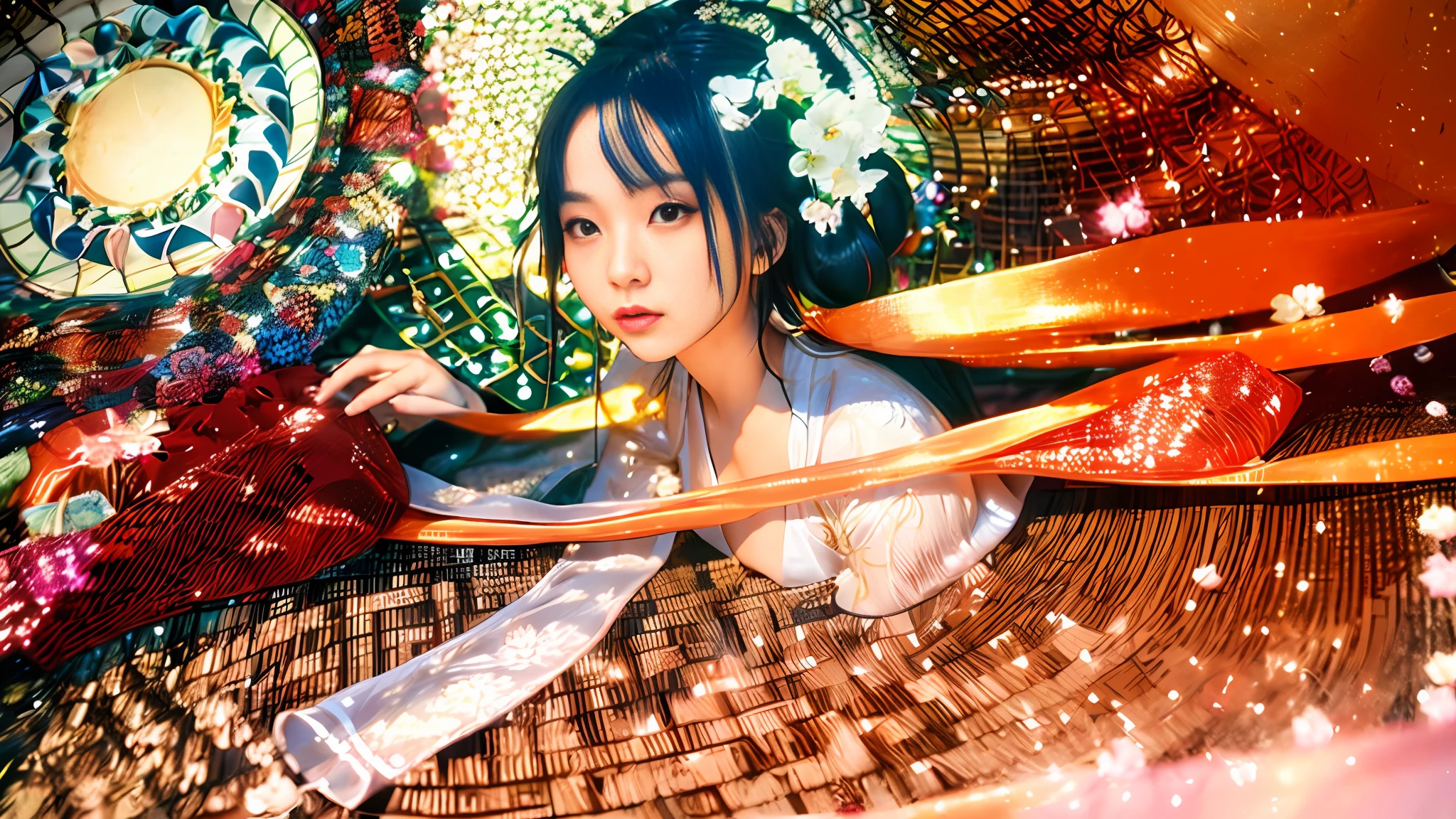 zhongfenghua, 1girl, (full body) solo, hanfu, flower field, blossom, (white smokes:1.3) (photorealistic:1.4), zentangle, mandala, entangle, official art, unity 8k wallpaper, ultra detailed, beautiful and aesthetic, masterpiece,best quality, (dynamic angle:1.4), glowing skin, (floating colorful sparkles:1) the most beautiful form of chaos, elegant, a brutalist designed, vivid colours, romanticism depth of field,