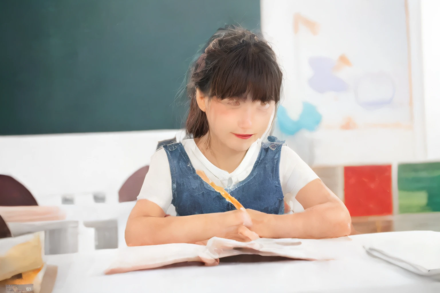 There was a young girl sitting at her desk writing a book, Young Asian girl, full subject shown in photo, Student, kids drawing, Chinese girl, ???, Sitting at your desk, Girl, kids drawing, japanese girl school uniform, In a classroom, Children, drawing pictures on a notebook, Beginner, stockphoto, Gamine, a super-smart