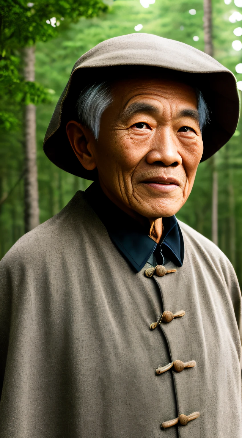 Portrait photography style,A masterpiece of the world,Ultra-unique, highly professional digital art,Film format,Hyper-realistic,Color motion picture film photography with ultra-fine detail and quality,The background is deep in the forest,An elderly man in rural China,Wise old man。He wears an old cape,The eyes are kind and shrewd。He stood upright,His skin had been blackened and powerful by the sun and rain,Wrinkles are fixed on the corners of the mouth and forehead,It seems that his years have precipitated。Wearing a dark gown, although the appearance is simple,But it exudes sublime wisdom and a sense of tenacity of strength。