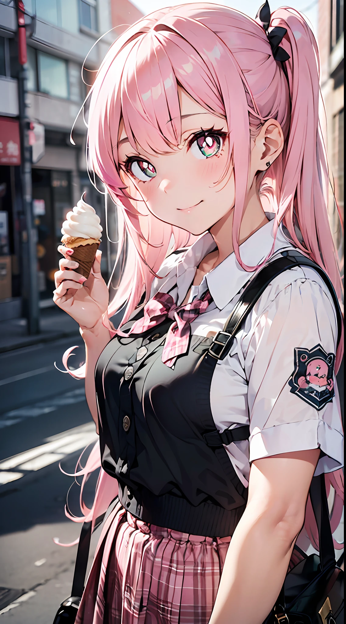a park、Lick the soft-serve ice cream(((masutepiece))),((ultra-detailliert,Best Quality, hight resolution)), (1 girl)((Pink hair, Long hair,Straight hair,two side up)) (Green eyes),eyeshadows, eye line,gloweyes, ultradetailed eyes, intricate eyes, Beautiful eyes, ((Glowing pink pupils))18-year-old girl.a smile。Wearing a uniform。Gingham Plaid