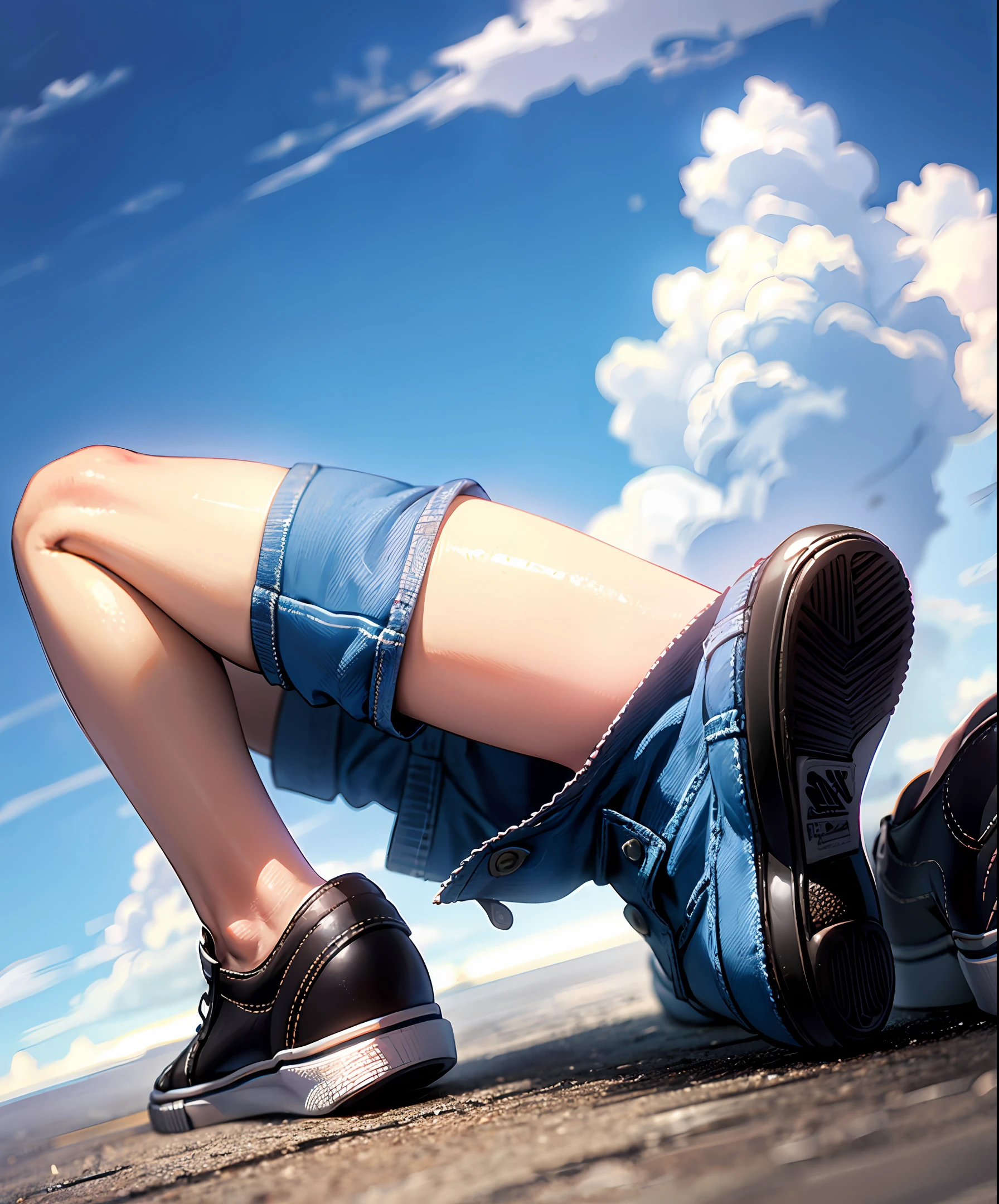 Low-top classic Vans shoes,denim short,whitet-shirt,with blue sky and white clouds