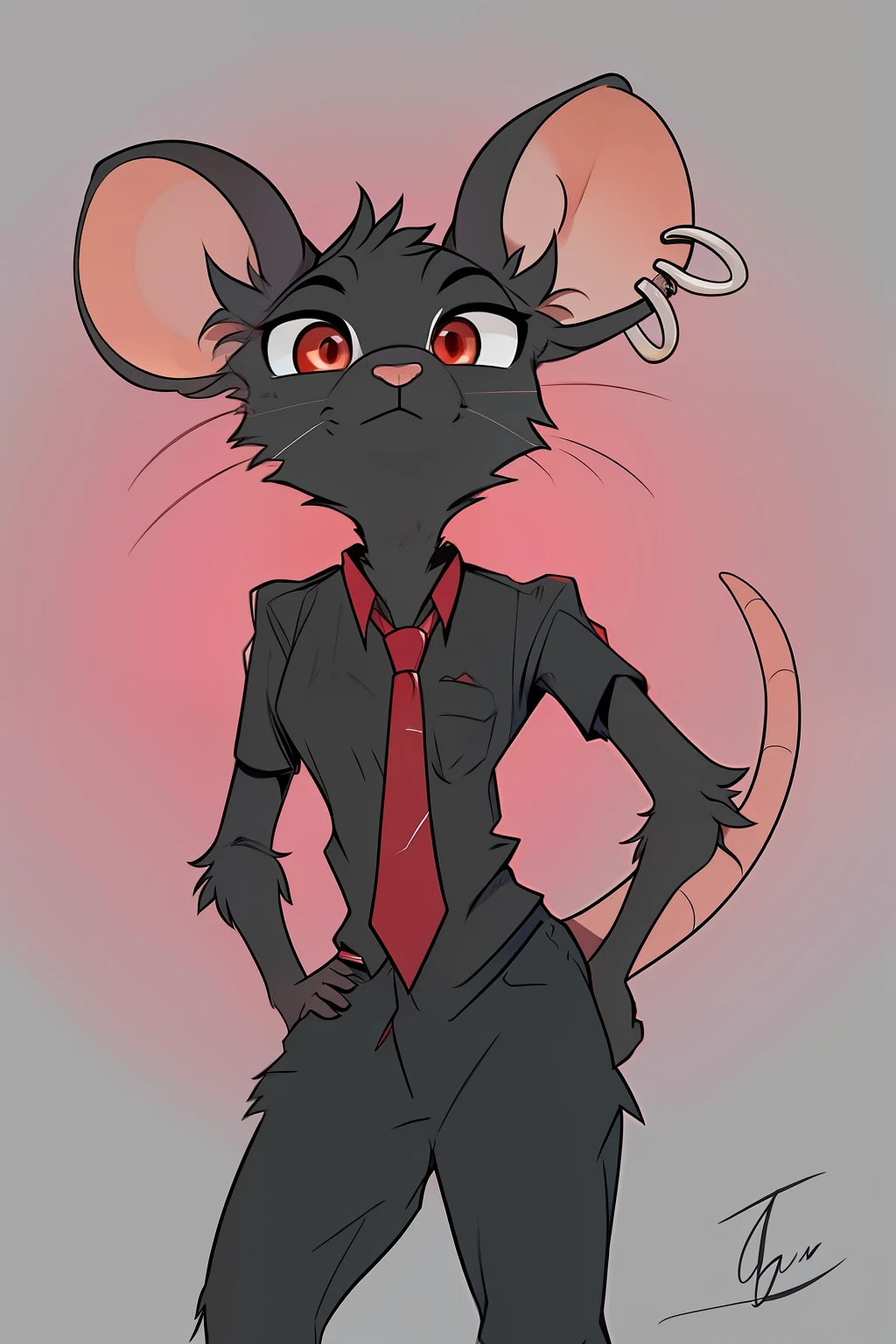 there is a drawing of a rat with a tie and a tie, an anthro rat, anthro rat, big rat ears, earrings, red tie, big eyes, red eyes, black fur, anthropomorphic female rat, best quality, highly detailed face, highly detailed background, perfect lighting, professional furry drawing, generic furry style, furry character, an anthropomorphic rat, anthropomorphic rat, long haired humanoid fursona