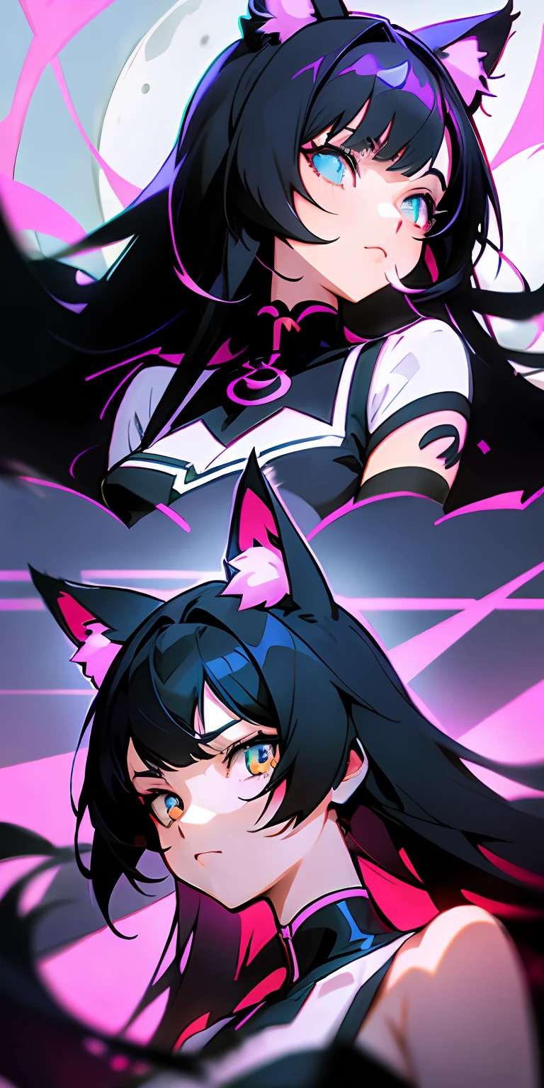 mechs, teens girl, gradient hair, kamina shades, kamina shades, glaring, cat ears, bright pupils, three sided view, three sided view, Cubist Futurism, anime style, UHD, masterpiece, UHD