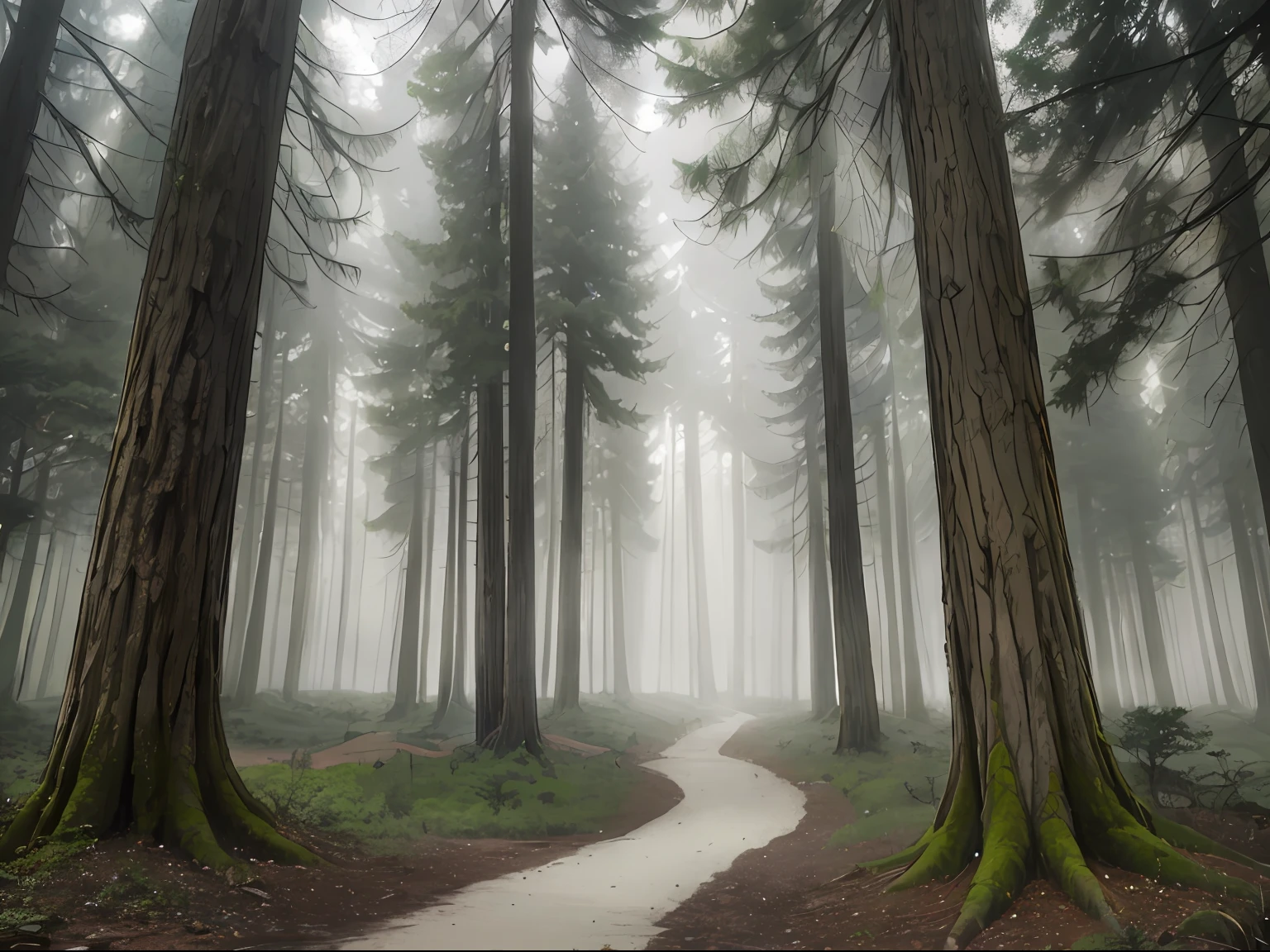 There is a path in the middle of the forest where people are walking, Standing in a mysterious forest, in a whimsical fairytale forest, fairy tale forest, In a huge forest of fog, In the foggy redwood forest, in foggy forest, lost in a dreamy fairy landscape, in a foggy forest, surreal forest, in magical woods, in magical woods