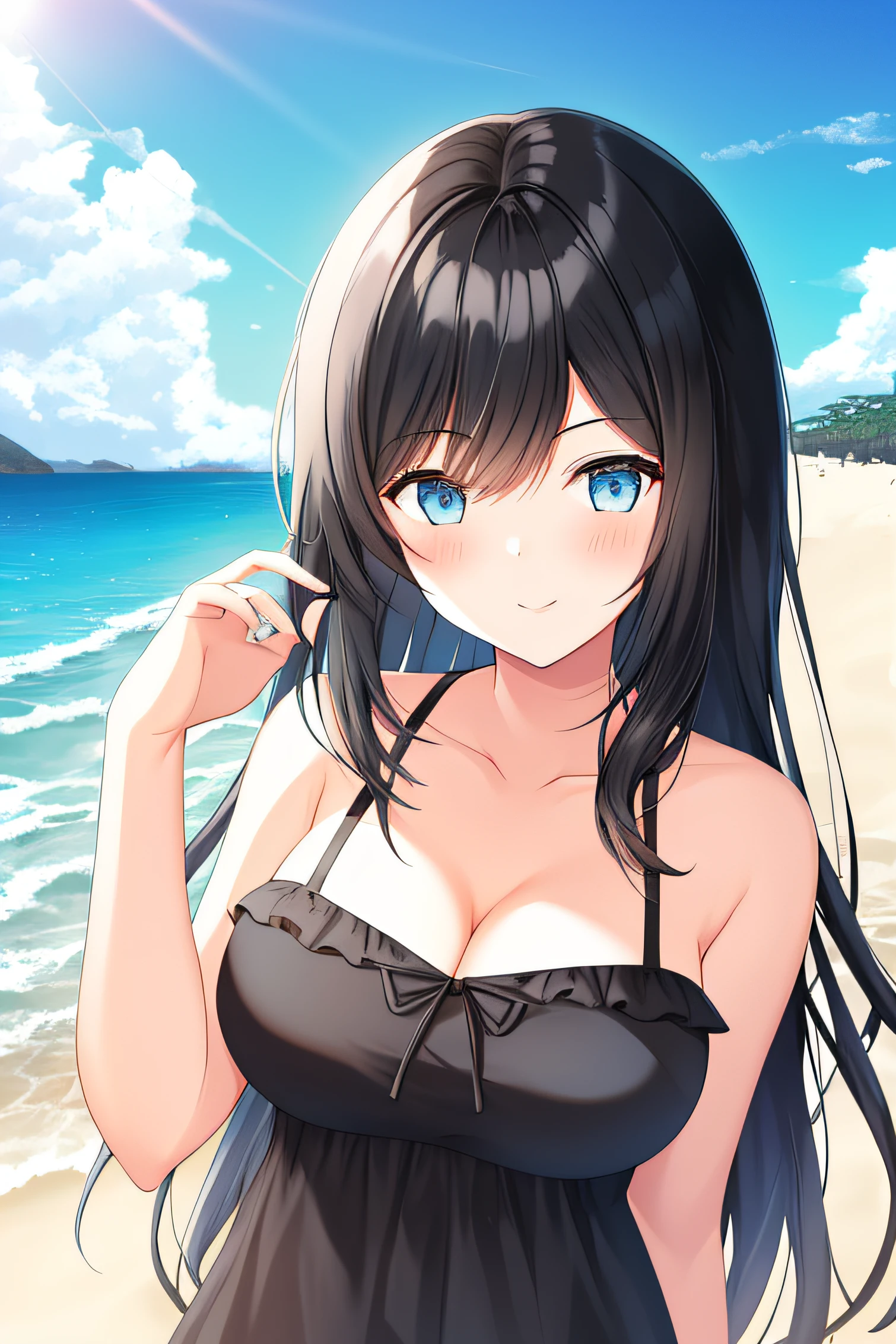 1girl in,Black hair, the beach,