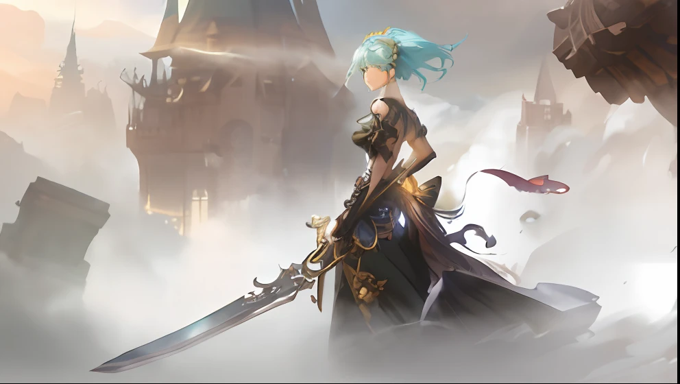 a close up of a person holding a sword in a foggy area, 2. 5 d cgi anime fantasy artwork, by Yang J, wlop and krenz cushart, by Feng Zhu, shadowverse style, mohrbacher, wlop and sakimichan, ross tran and wlop, by Qu Leilei