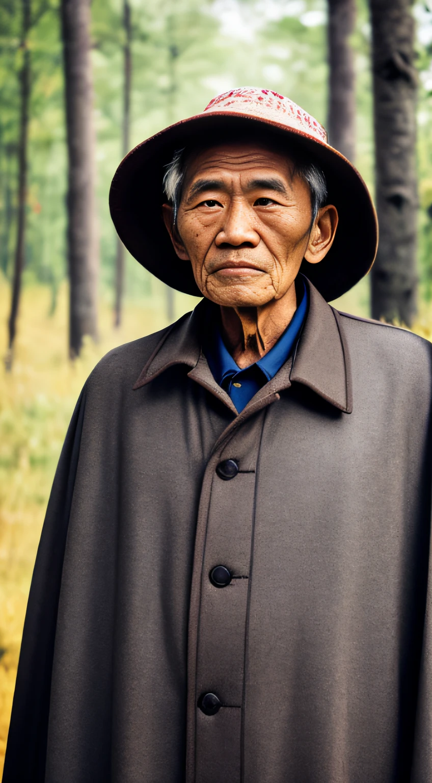 Portrait photography style,A masterpiece of the world,Ultra-unique, highly professional digital art,Film format,Hyper-realistic,Color motion picture film photography with ultra-fine detail and quality,The background is deep in the forest,An elderly man in rural China,Wise old man。He wears an old cape,The eyes are kind and shrewd。He stood upright,His skin had been blackened and powerful by the sun and rain,Wrinkles are fixed on the corners of the mouth and forehead,It seems that his years have precipitated。Wearing a dark gown, although the appearance is simple,But it exudes sublime wisdom and a sense of tenacity of strength。